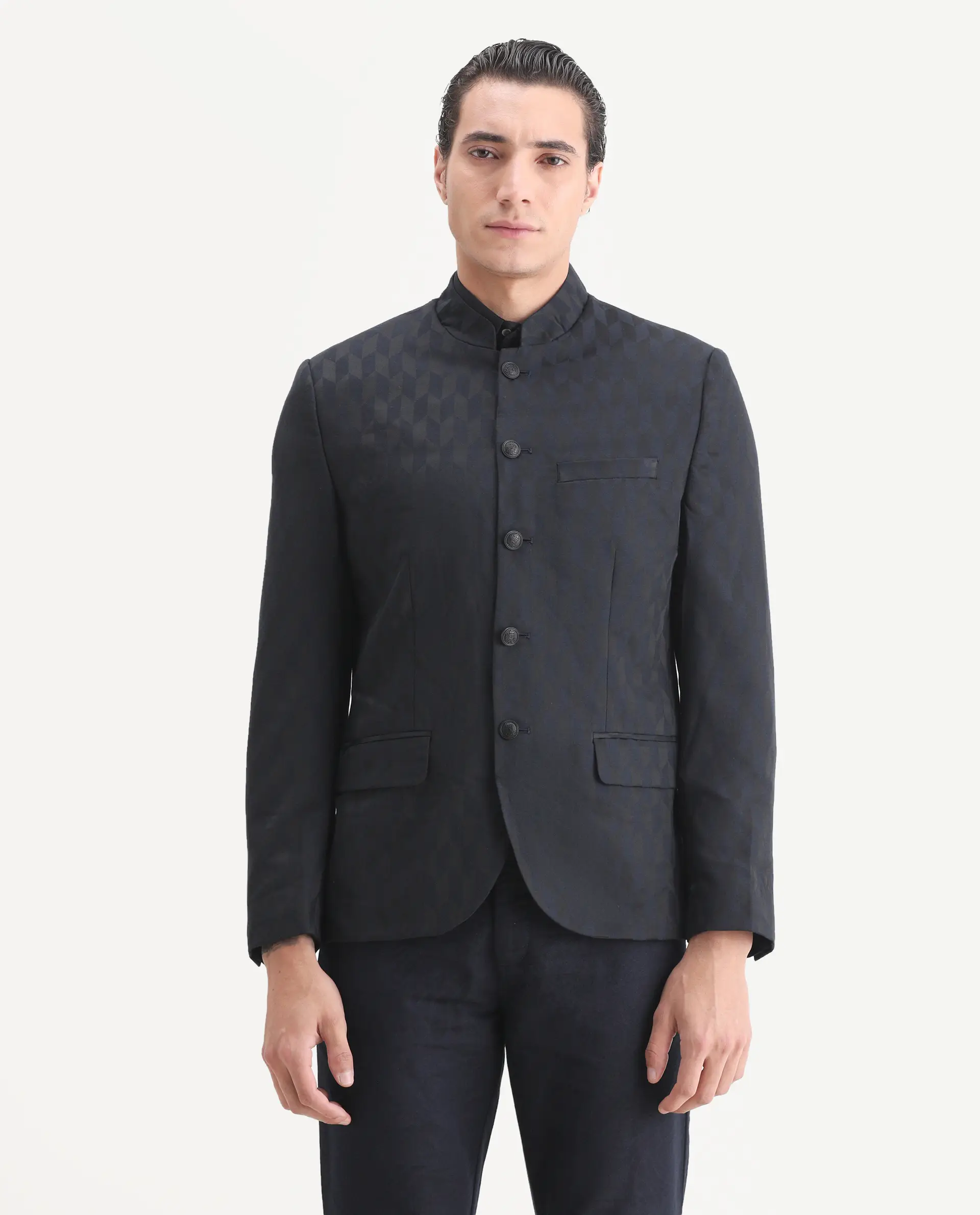 Rare Rabbit Men's Duffy Dark Navy Polyester Jacquard Tailored Fit Full Sleeve Mandarin Collar Bandhgala Jodhpuri - Image 4