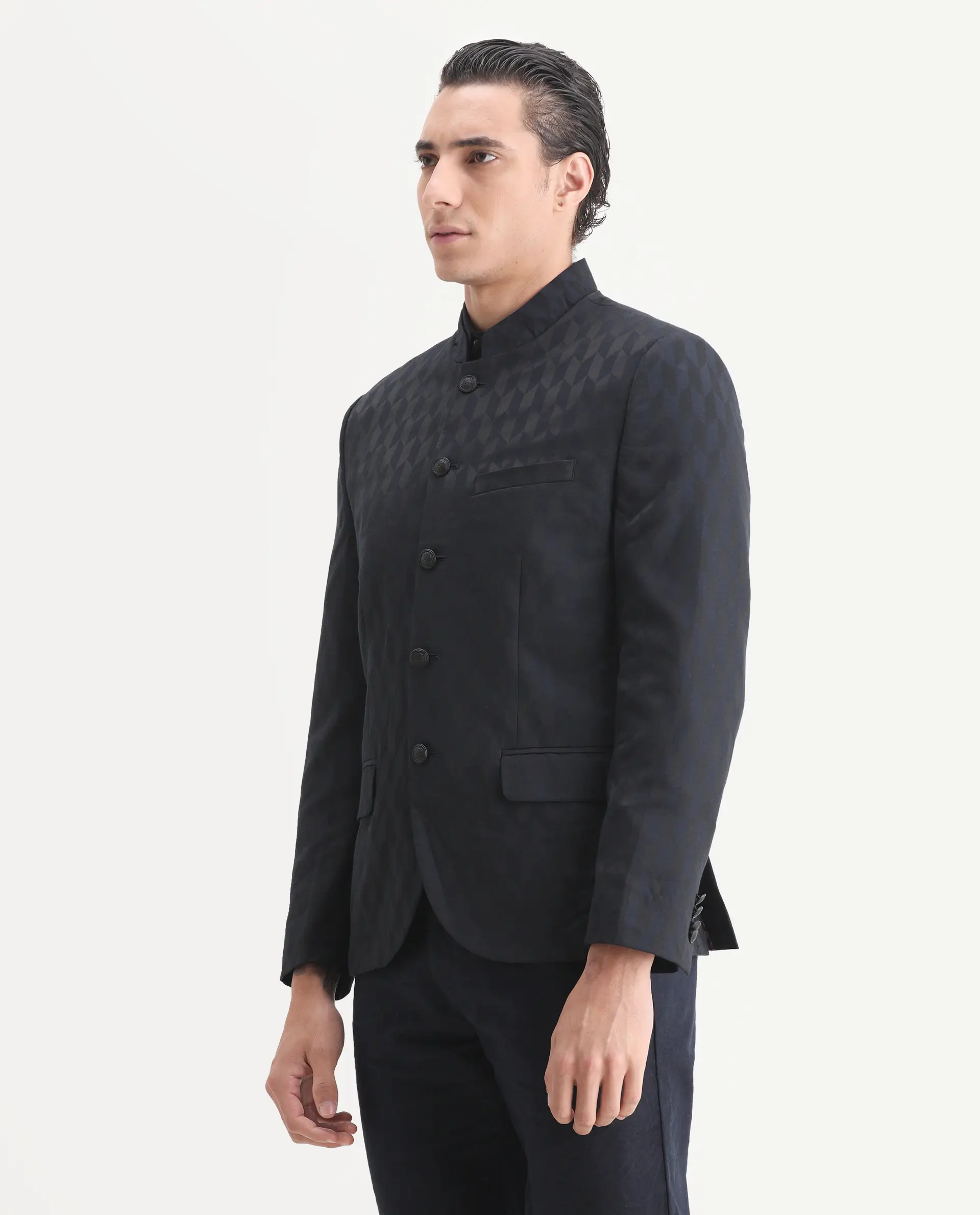 Rare Rabbit Men's Duffy Dark Navy Polyester Jacquard Tailored Fit Full Sleeve Mandarin Collar Bandhgala Jodhpuri - Image 5