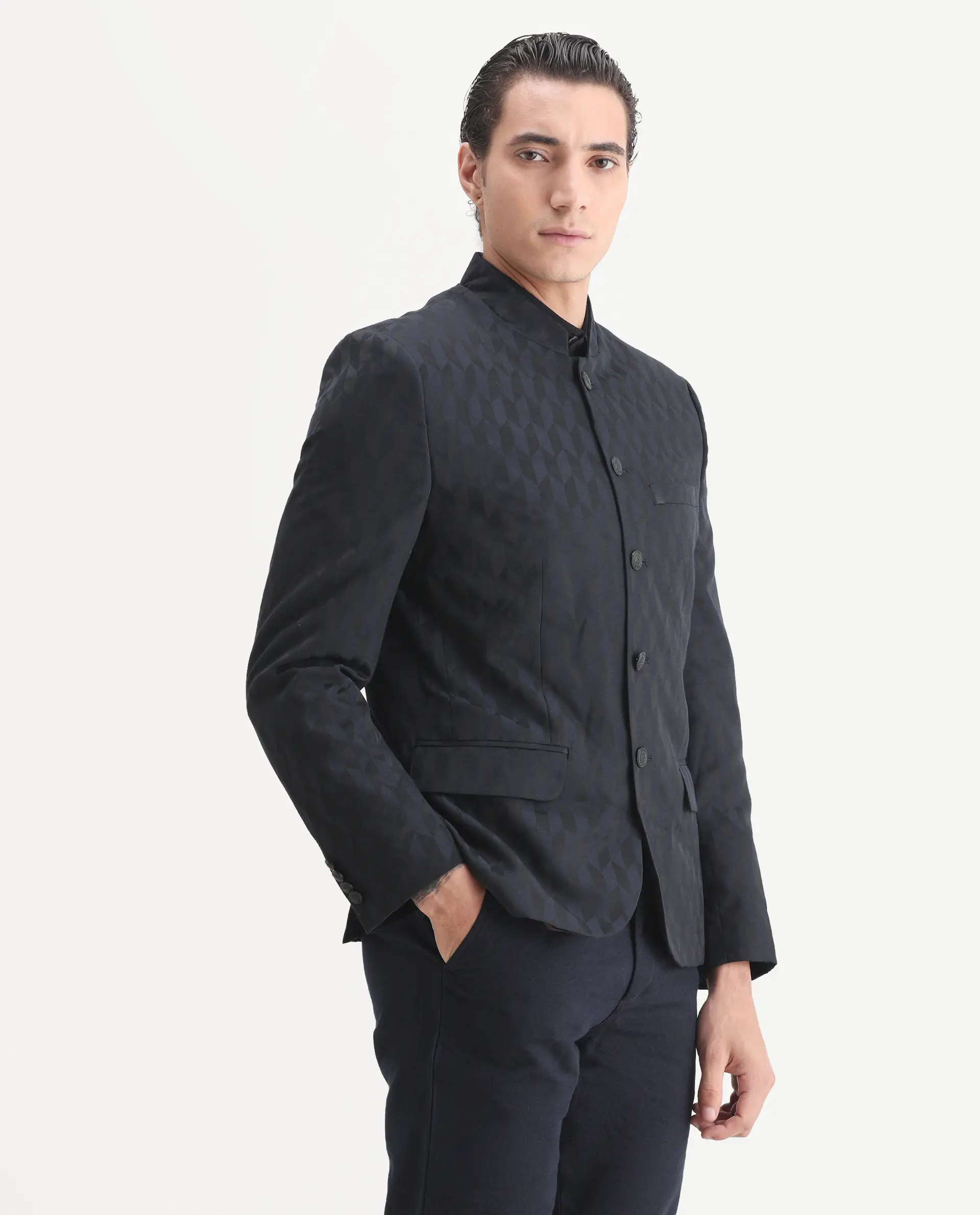 Rare Rabbit Men's Duffy Dark Navy Polyester Jacquard Tailored Fit Full Sleeve Mandarin Collar Bandhgala Jodhpuri - Image 6