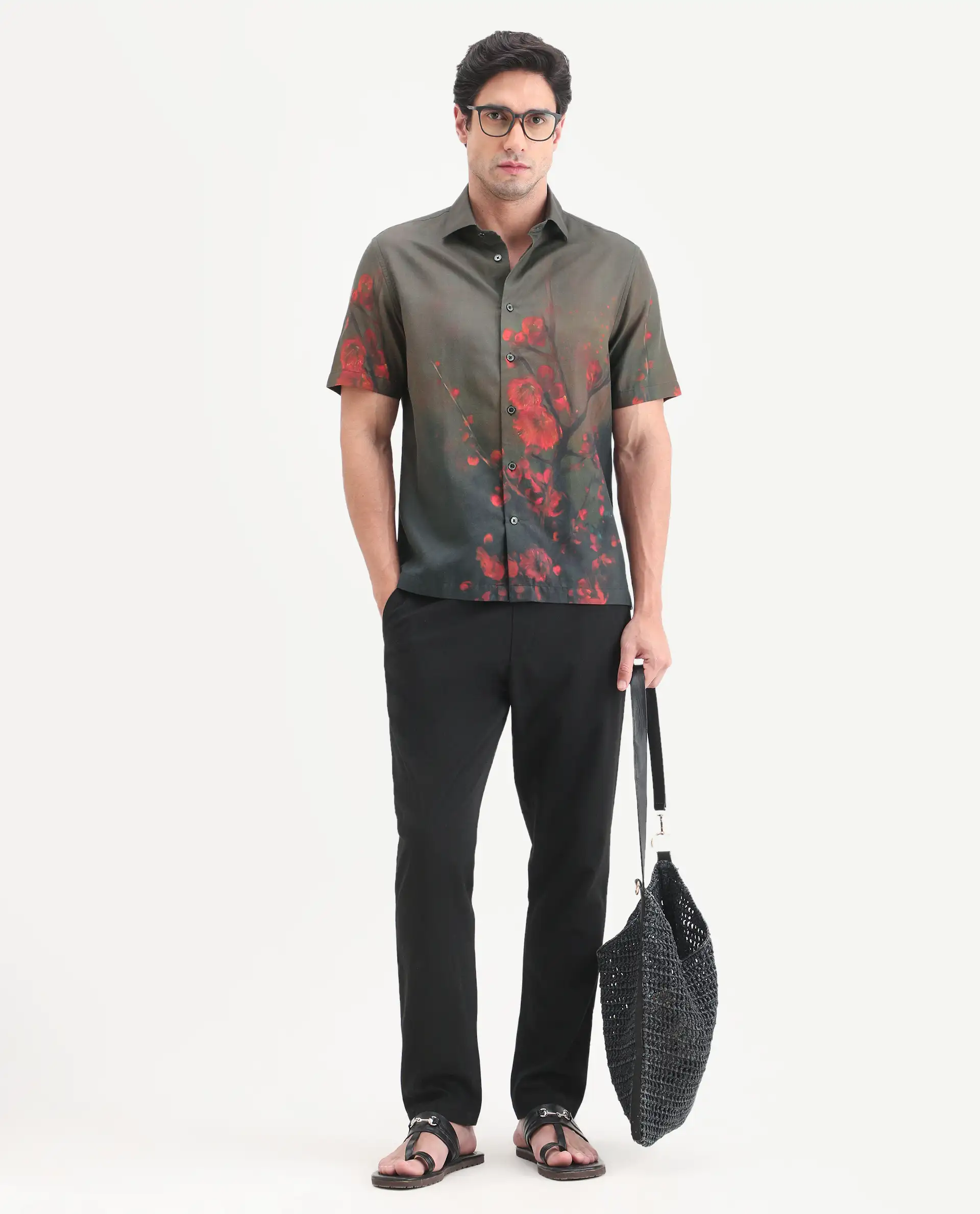 Rare Rabbit Men's Dufy Dusky Olive Cotton Blend Fabric Half Sleeve Spread Collar Regular Fit Floral Print Shirt - Image 2
