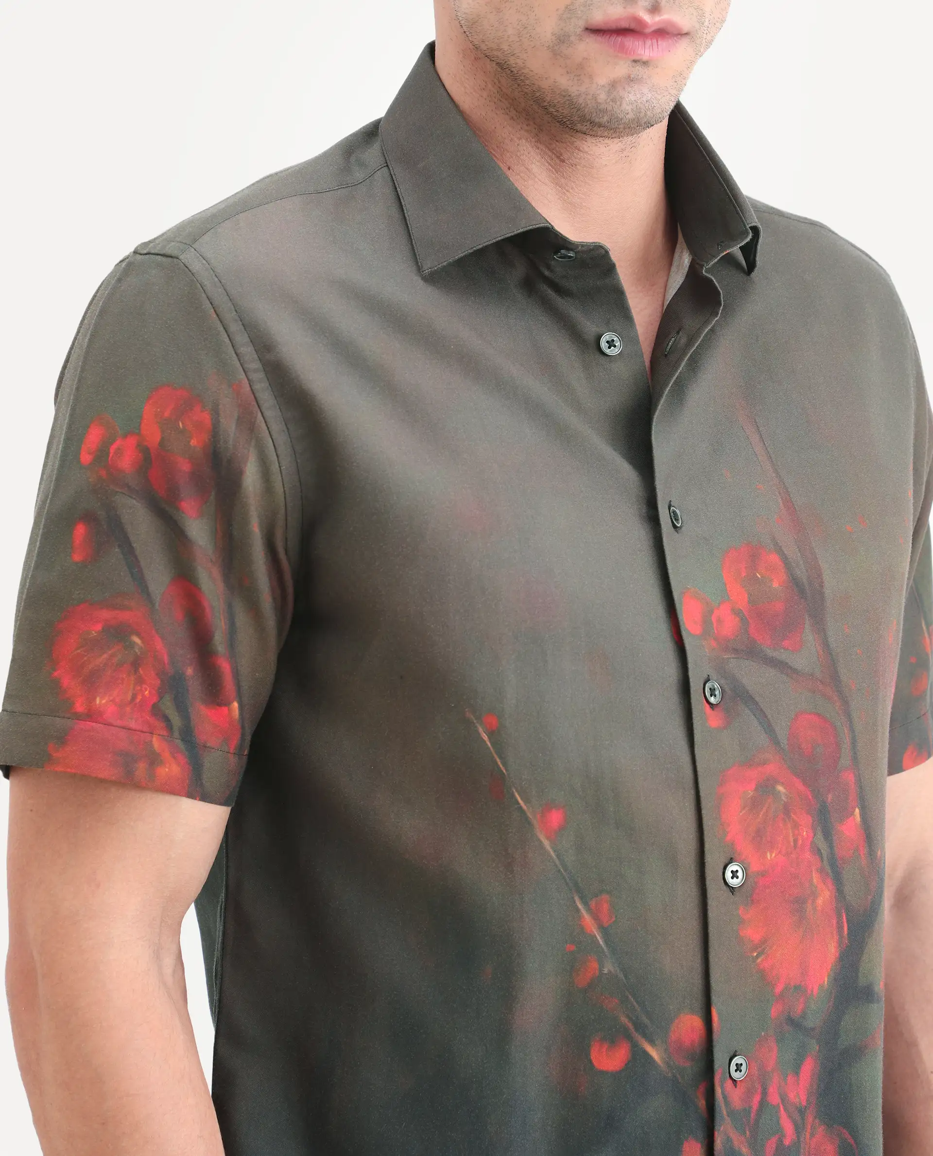 Rare Rabbit Men's Dufy Dusky Olive Cotton Blend Fabric Half Sleeve Spread Collar Regular Fit Floral Print Shirt - Image 3