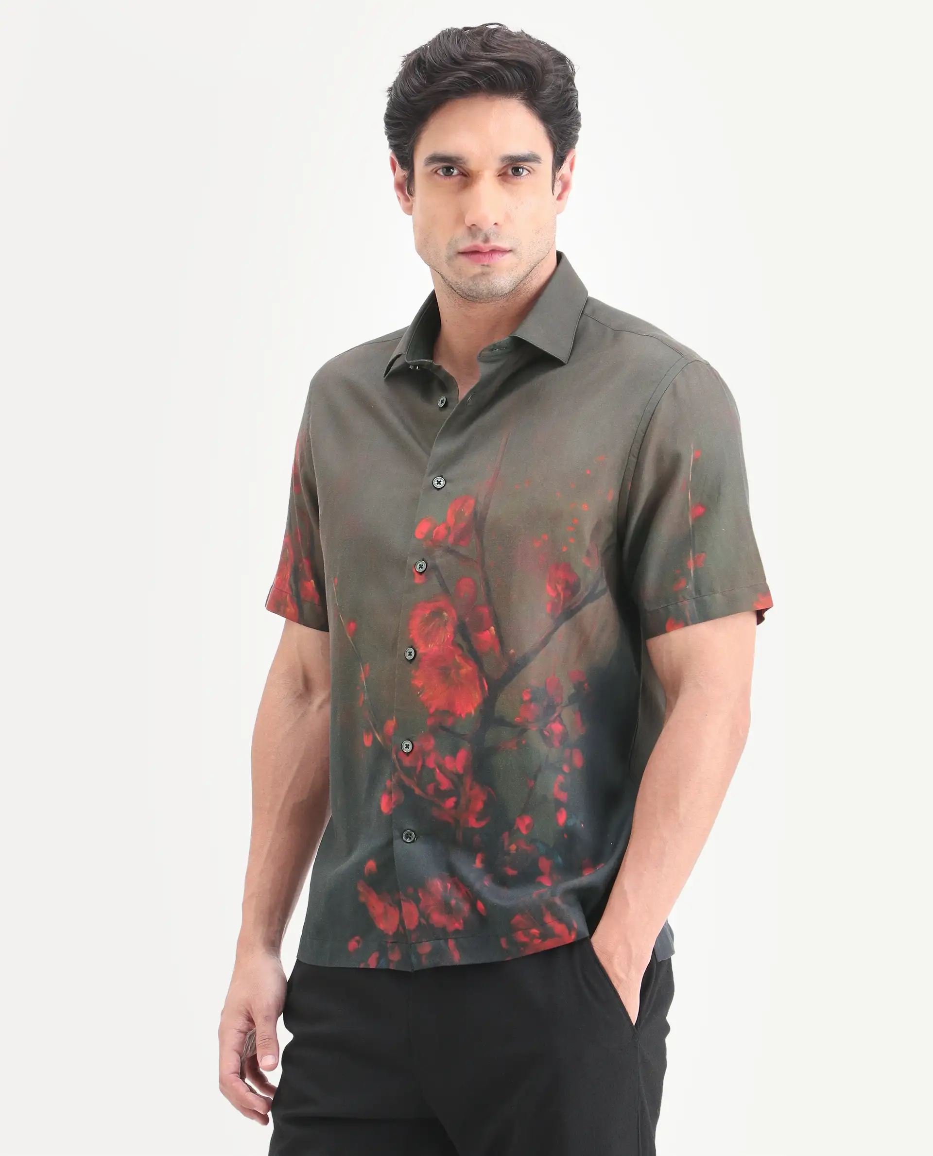 Rare Rabbit Men's Dufy Dusky Olive Cotton Blend Fabric Half Sleeve Spread Collar Regular Fit Floral Print Shirt - Image 4