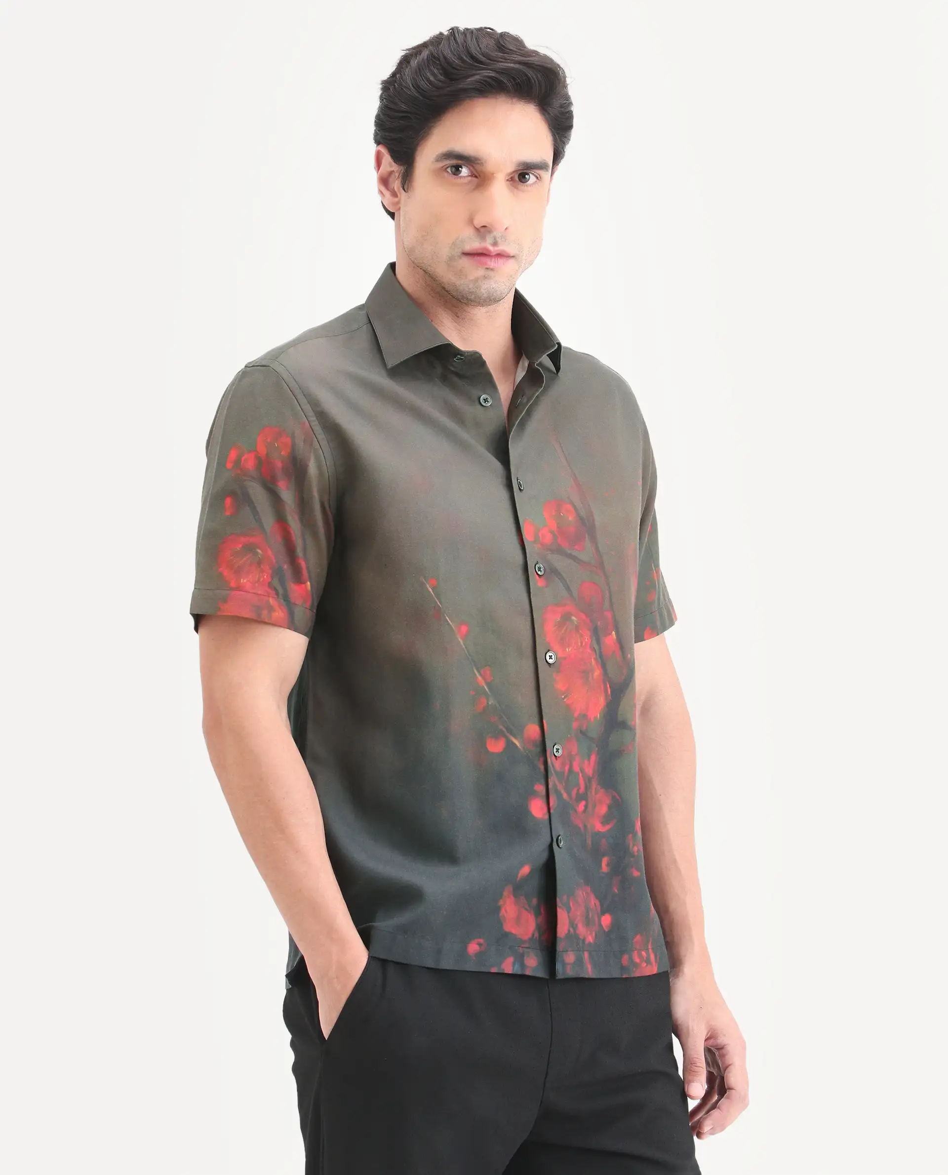 Rare Rabbit Men's Dufy Dusky Olive Cotton Blend Fabric Half Sleeve Spread Collar Regular Fit Floral Print Shirt - Image 5