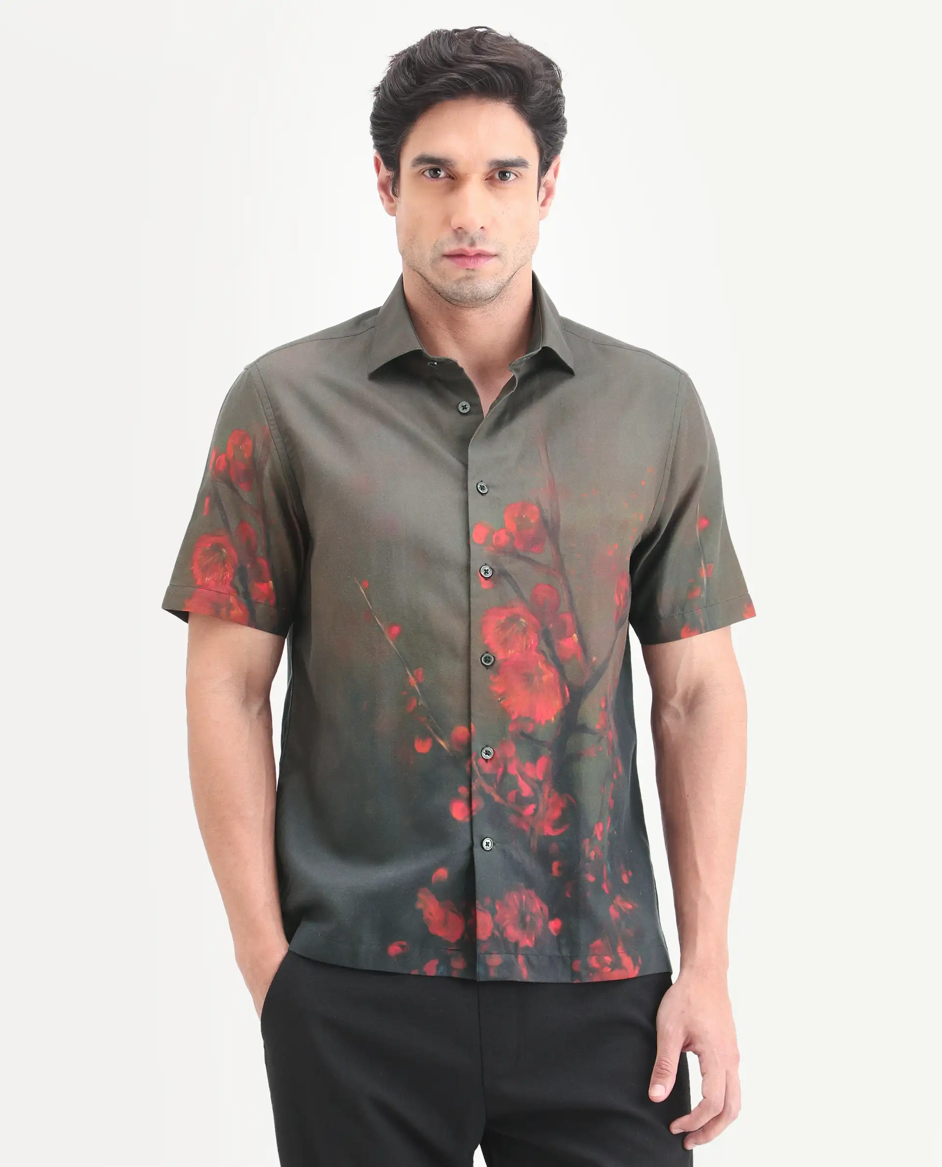 Rare Rabbit Men's Dufy Dusky Olive Cotton Blend Fabric Half Sleeve Spread Collar Regular Fit Floral Print Shirt - Image 6