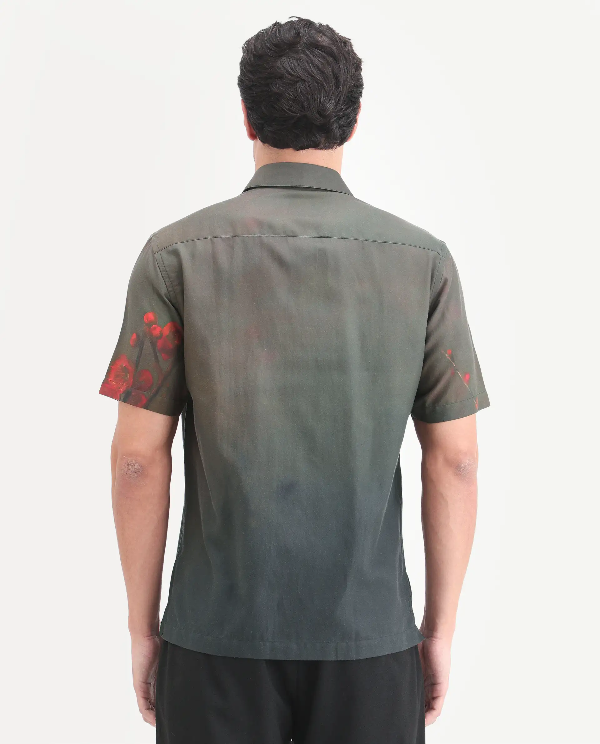 Rare Rabbit Men's Dufy Dusky Olive Cotton Blend Fabric Half Sleeve Spread Collar Regular Fit Floral Print Shirt - Image 7
