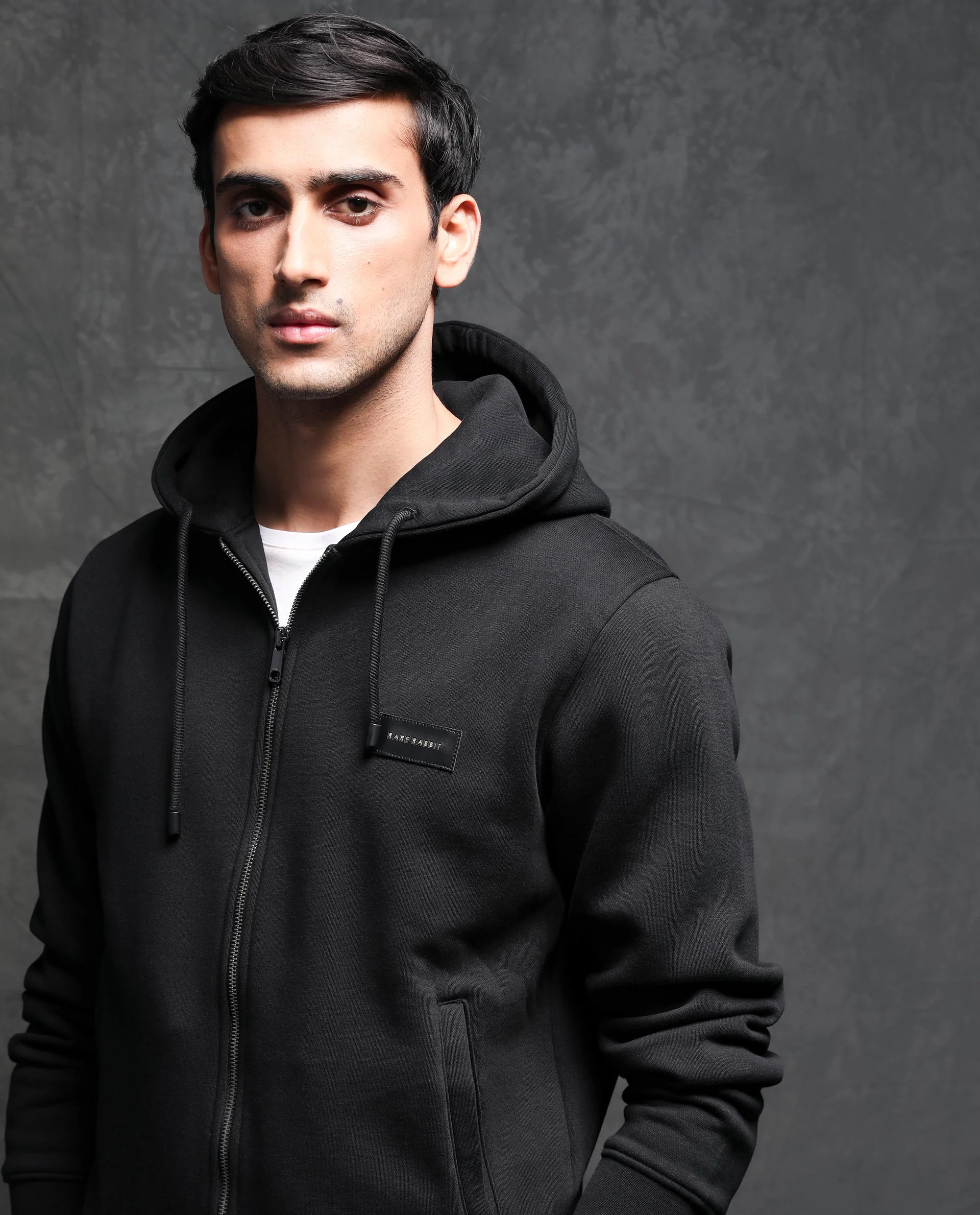 Rare Rabbit Men's Duke Black Plain Regular Fit Full Sleeve Hooded Sweatshirt