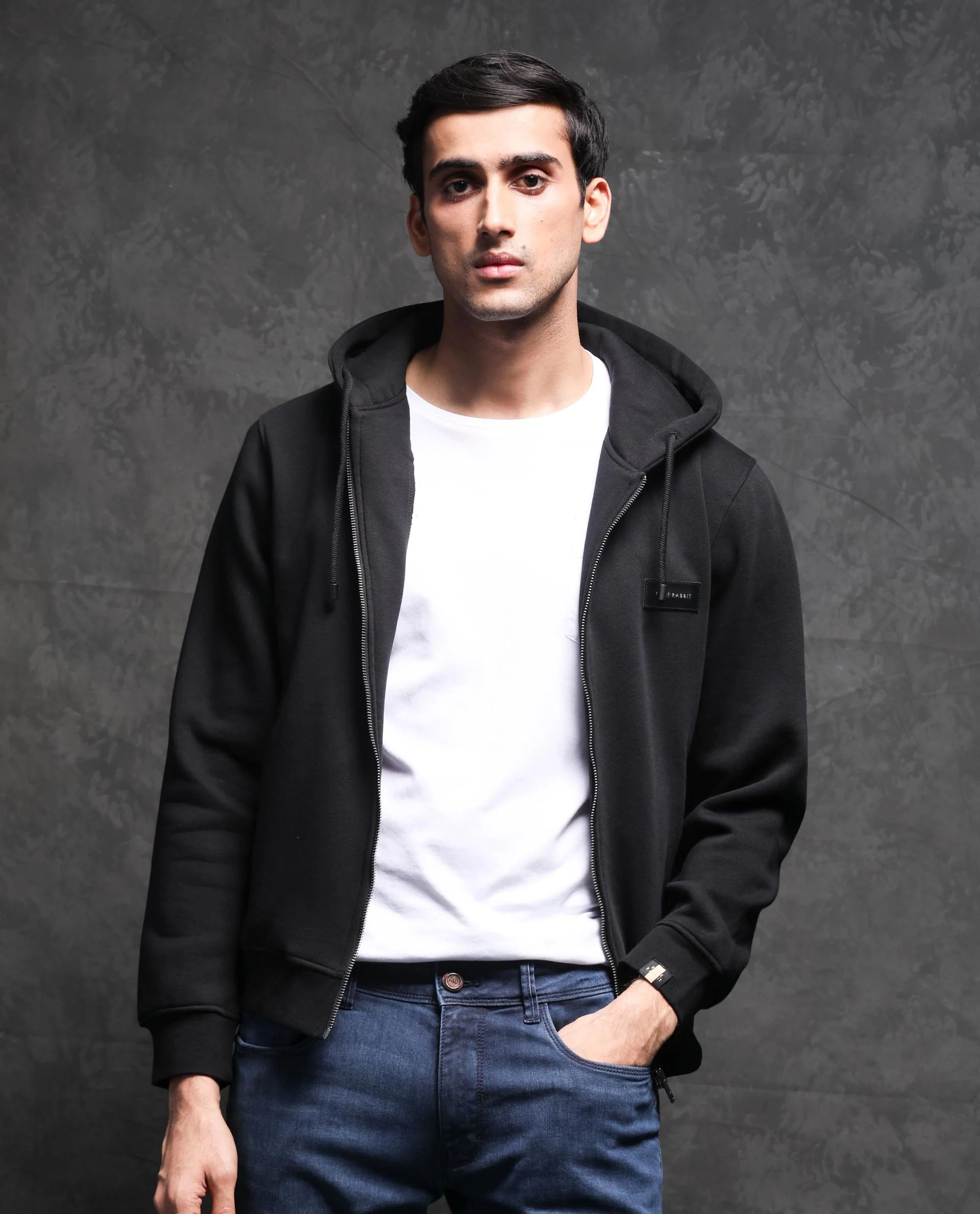 Rare Rabbit Men's Duke Black Plain Regular Fit Full Sleeve Hooded Sweatshirt - Image 2