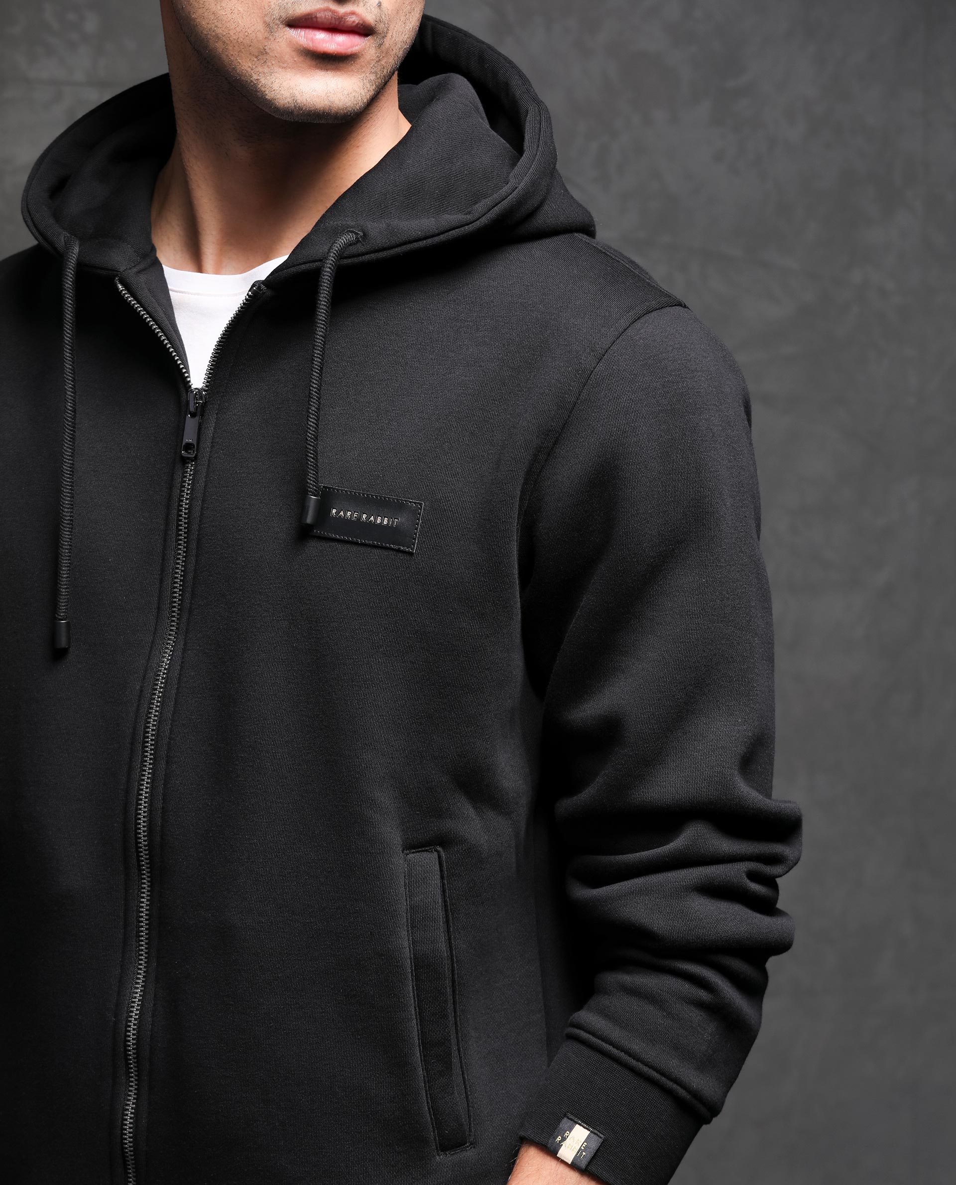 Rare Rabbit Men's Duke Black Plain Regular Fit Full Sleeve Hooded Sweatshirt - Image 3