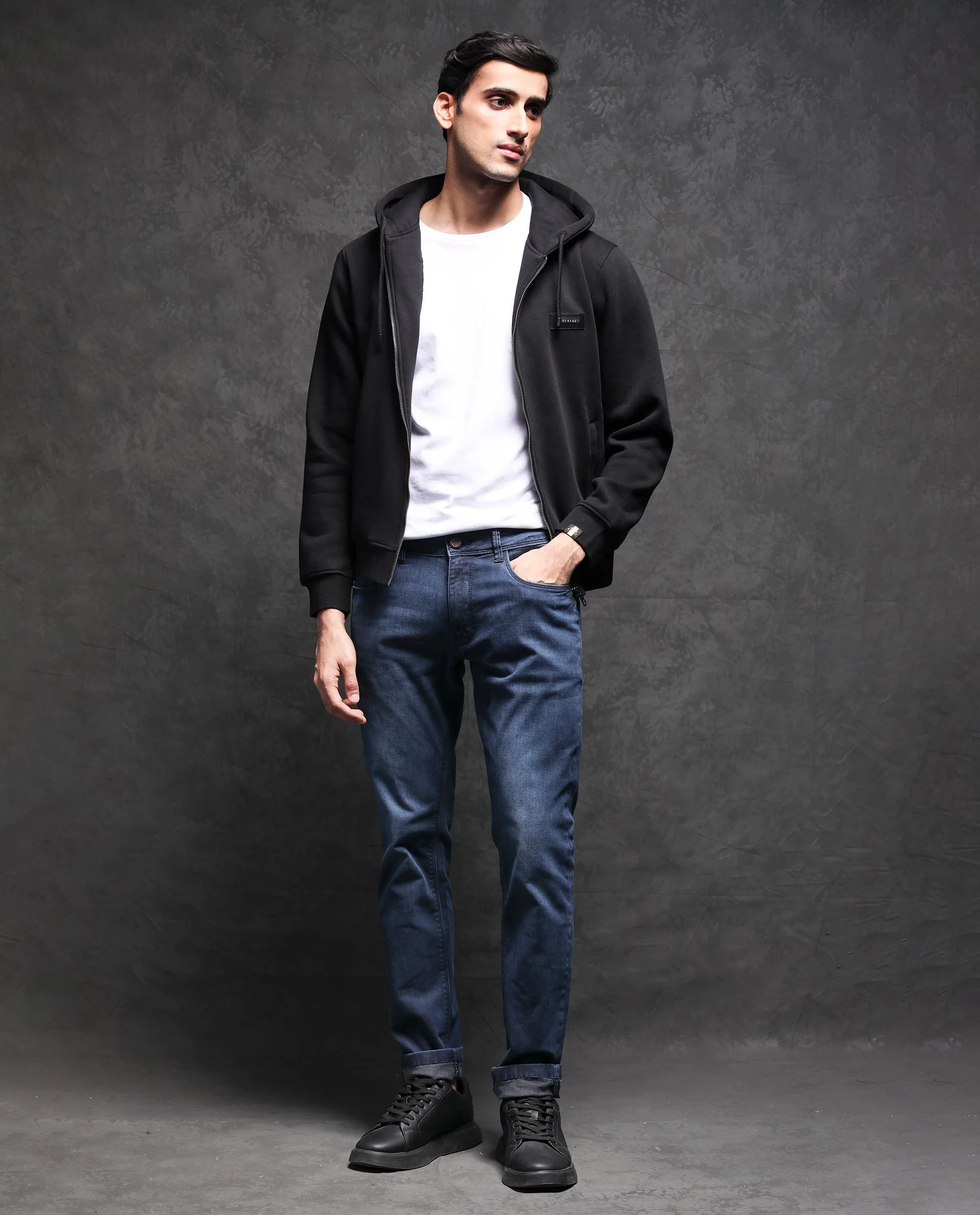 Rare Rabbit Men's Duke Black Plain Regular Fit Full Sleeve Hooded Sweatshirt - Image 4