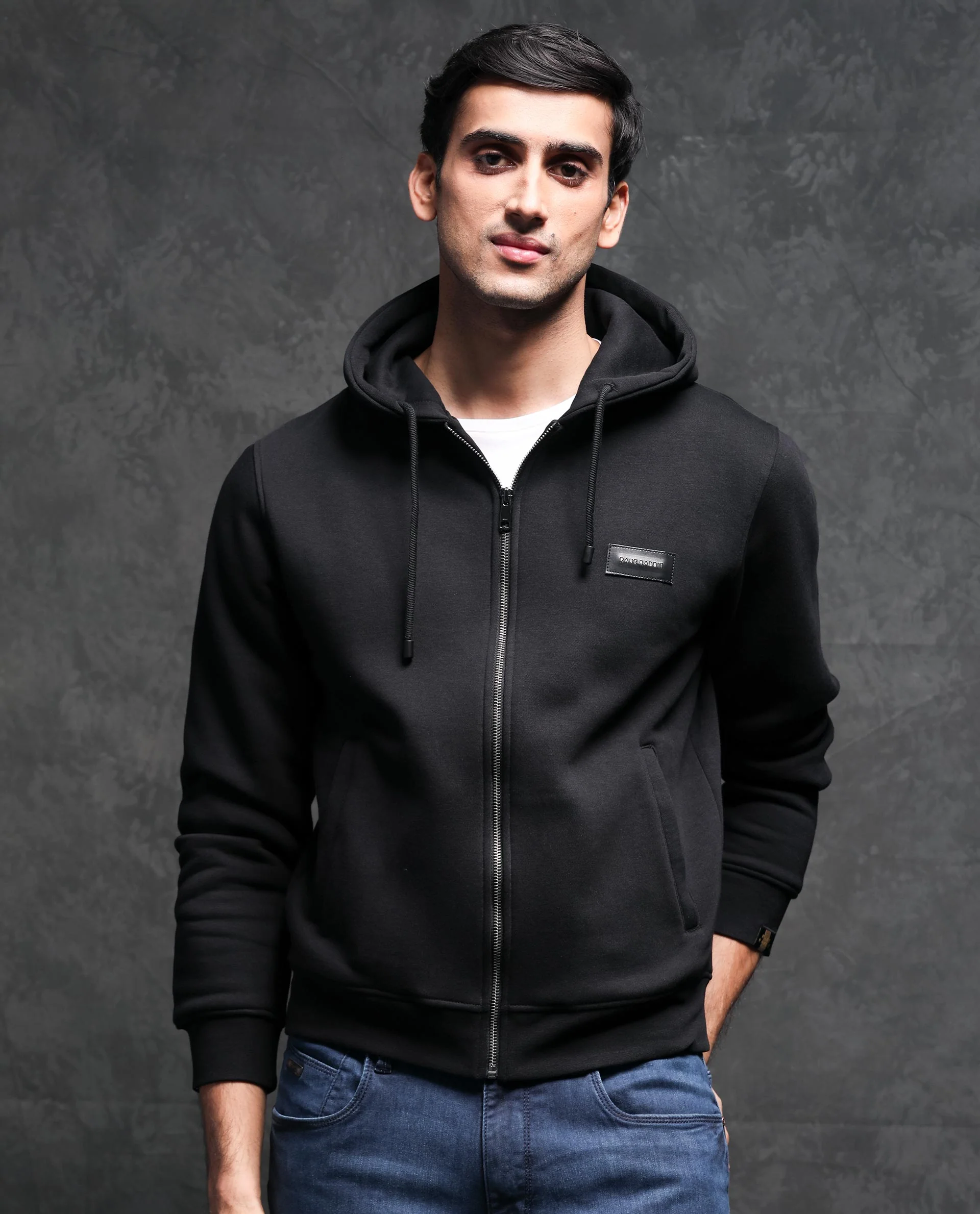 Rare Rabbit Men's Duke Black Plain Regular Fit Full Sleeve Hooded Sweatshirt - Image 5
