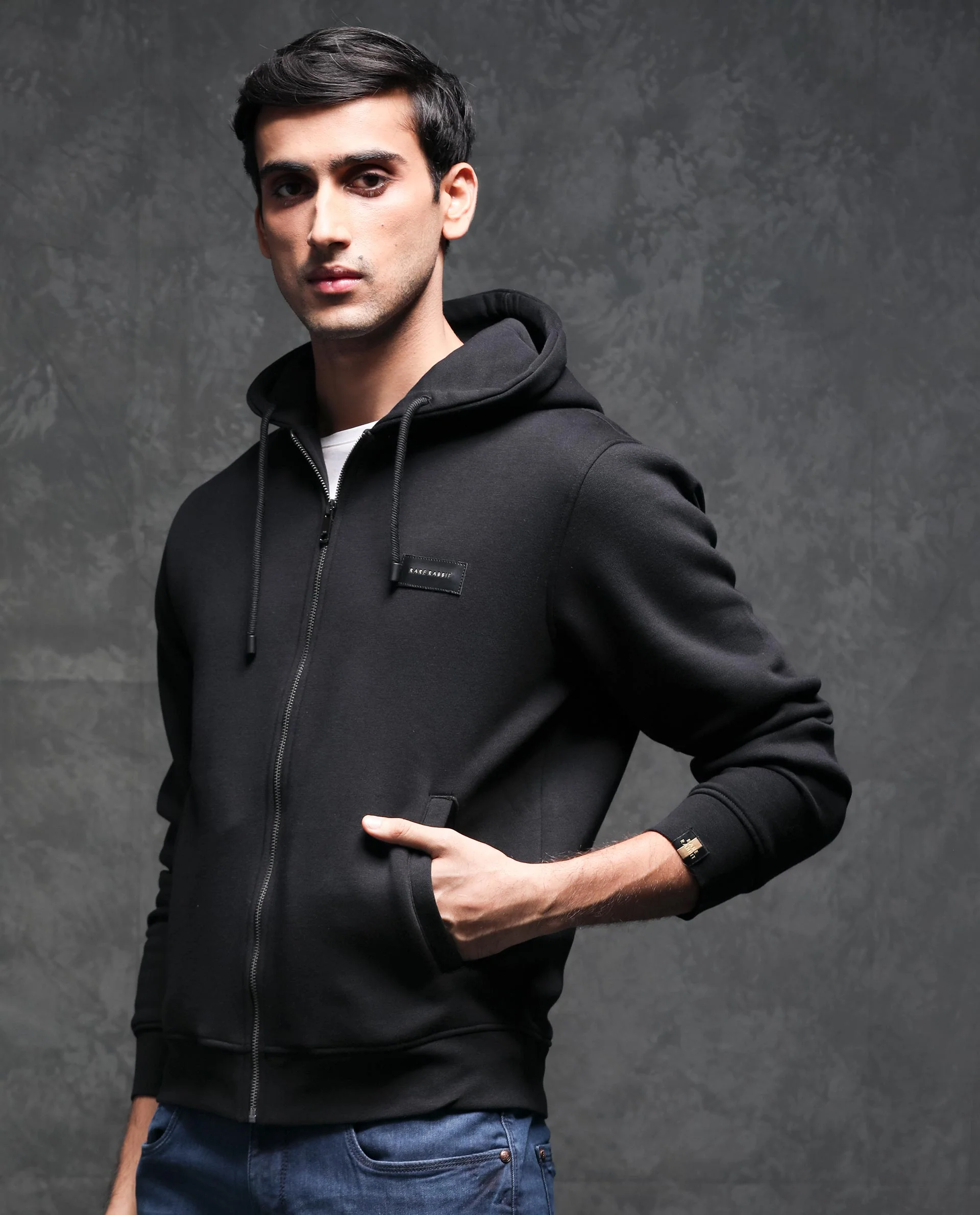 Rare Rabbit Men's Duke Black Plain Regular Fit Full Sleeve Hooded Sweatshirt - Image 6