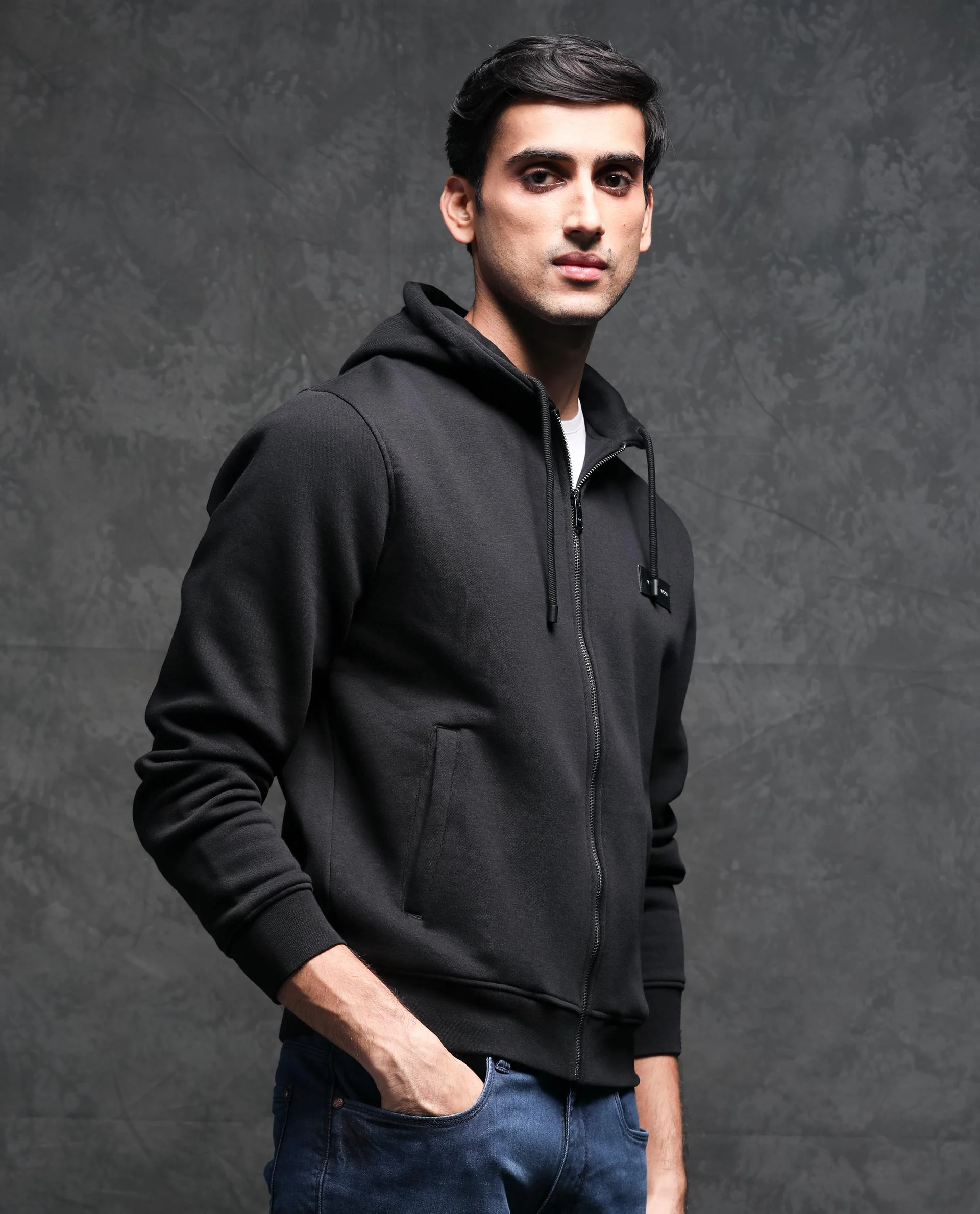 Rare Rabbit Men's Duke Black Plain Regular Fit Full Sleeve Hooded Sweatshirt - Image 7