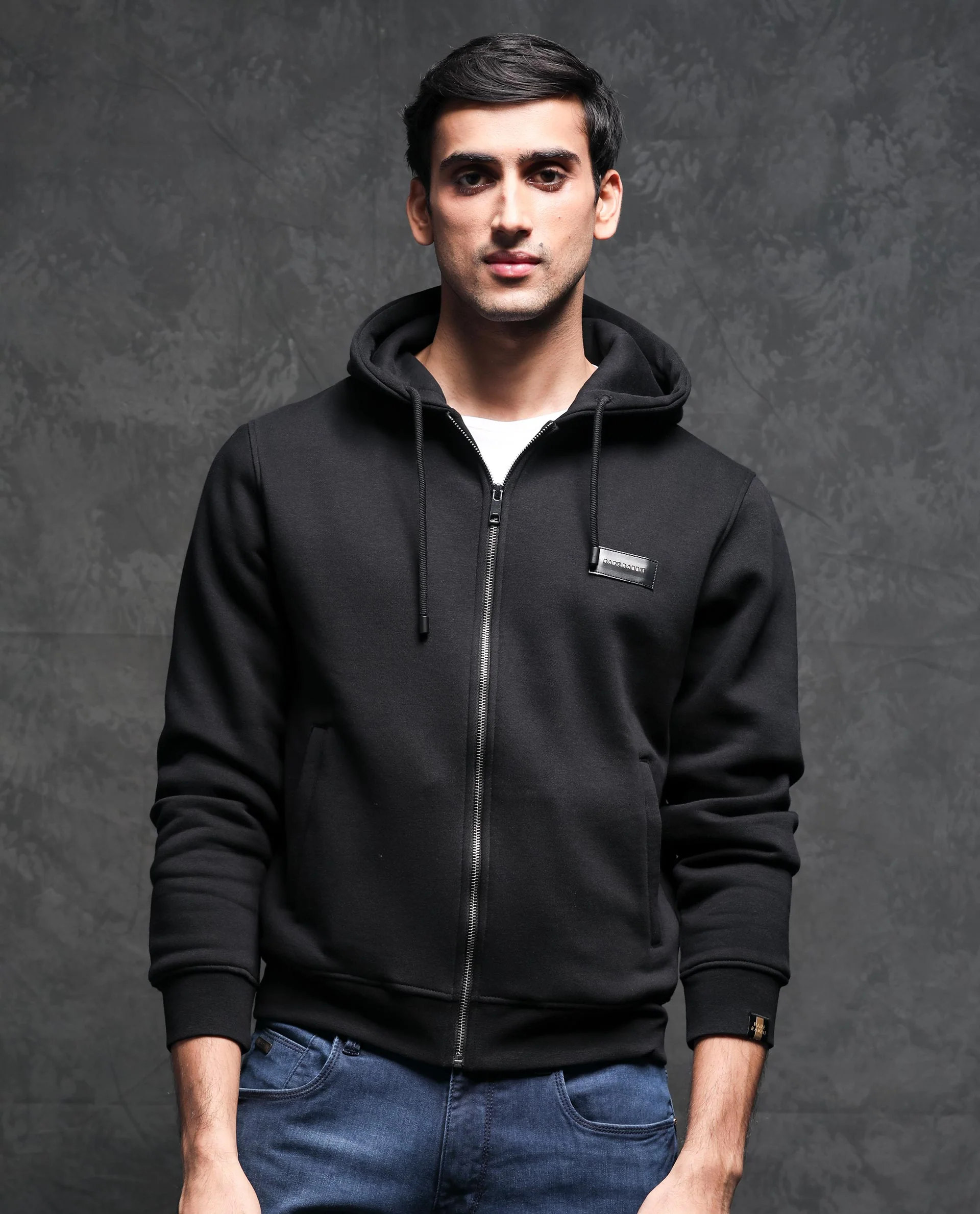 Rare Rabbit Men's Duke Black Plain Regular Fit Full Sleeve Hooded Sweatshirt - Image 8