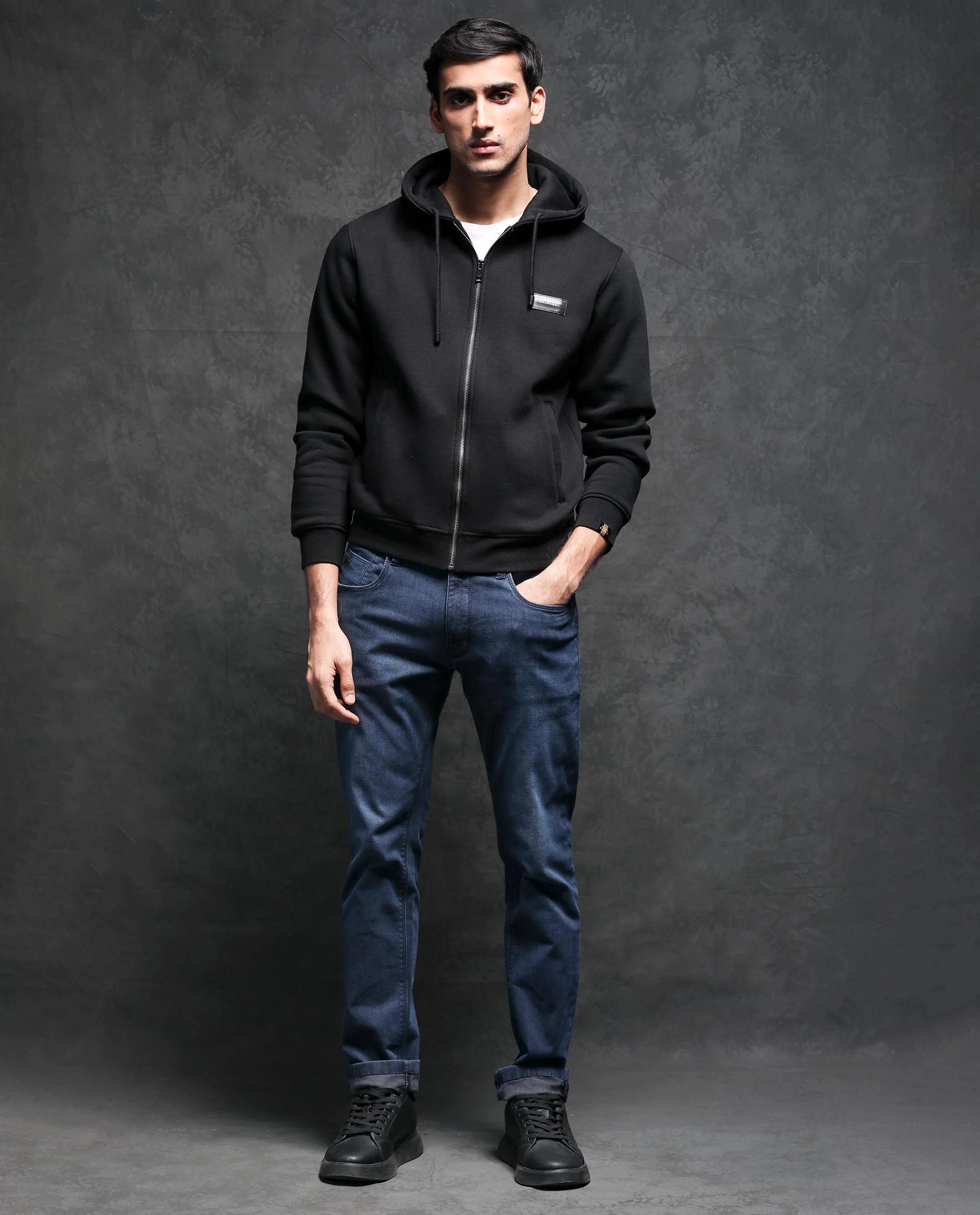Rare Rabbit Men's Duke Black Plain Regular Fit Full Sleeve Hooded Sweatshirt - Image 9