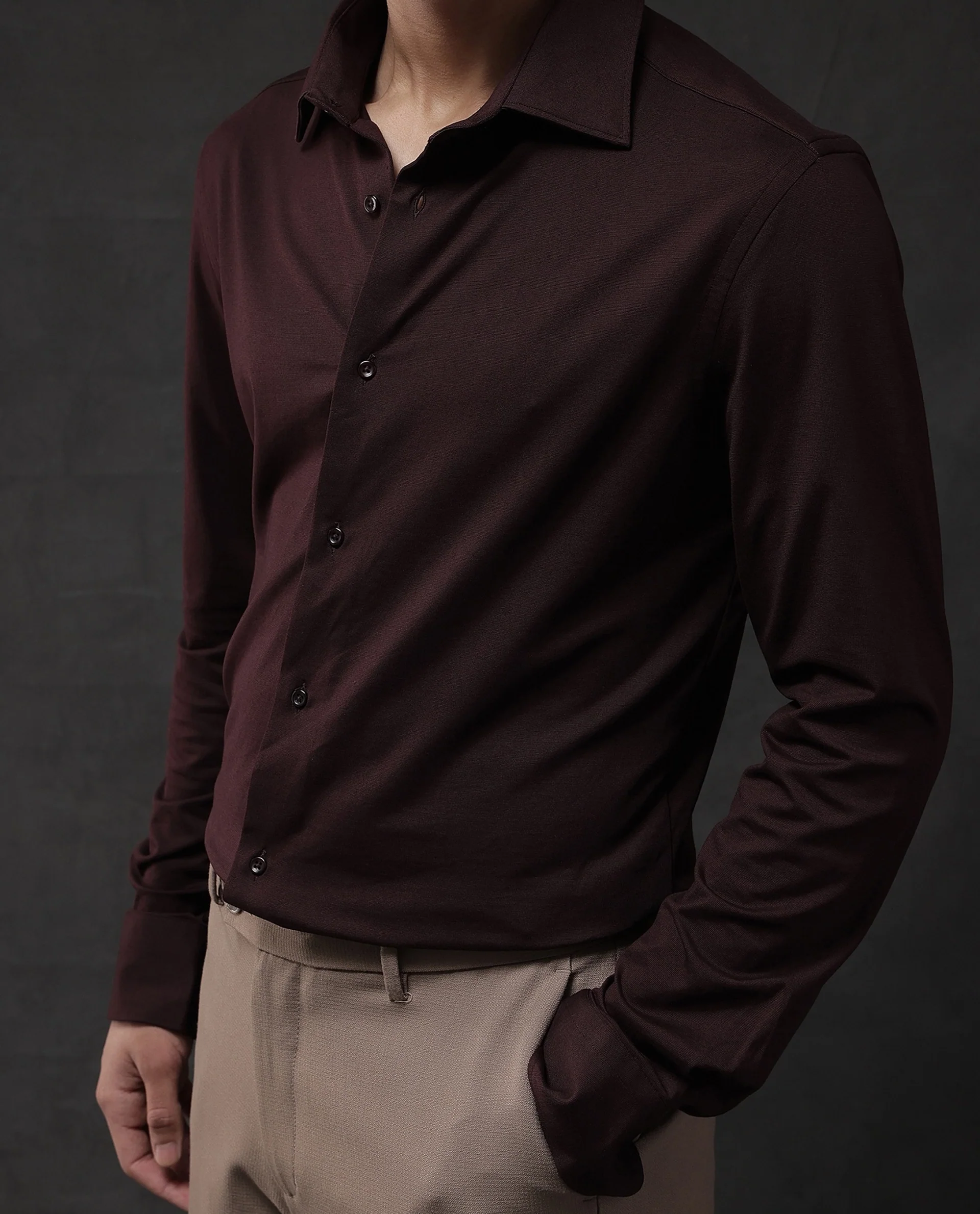 Rare Rabbit Men's Dulce Dark Maroon Cotton Plain Regular Fit Full Sleeve Collared Shirt - Image 5