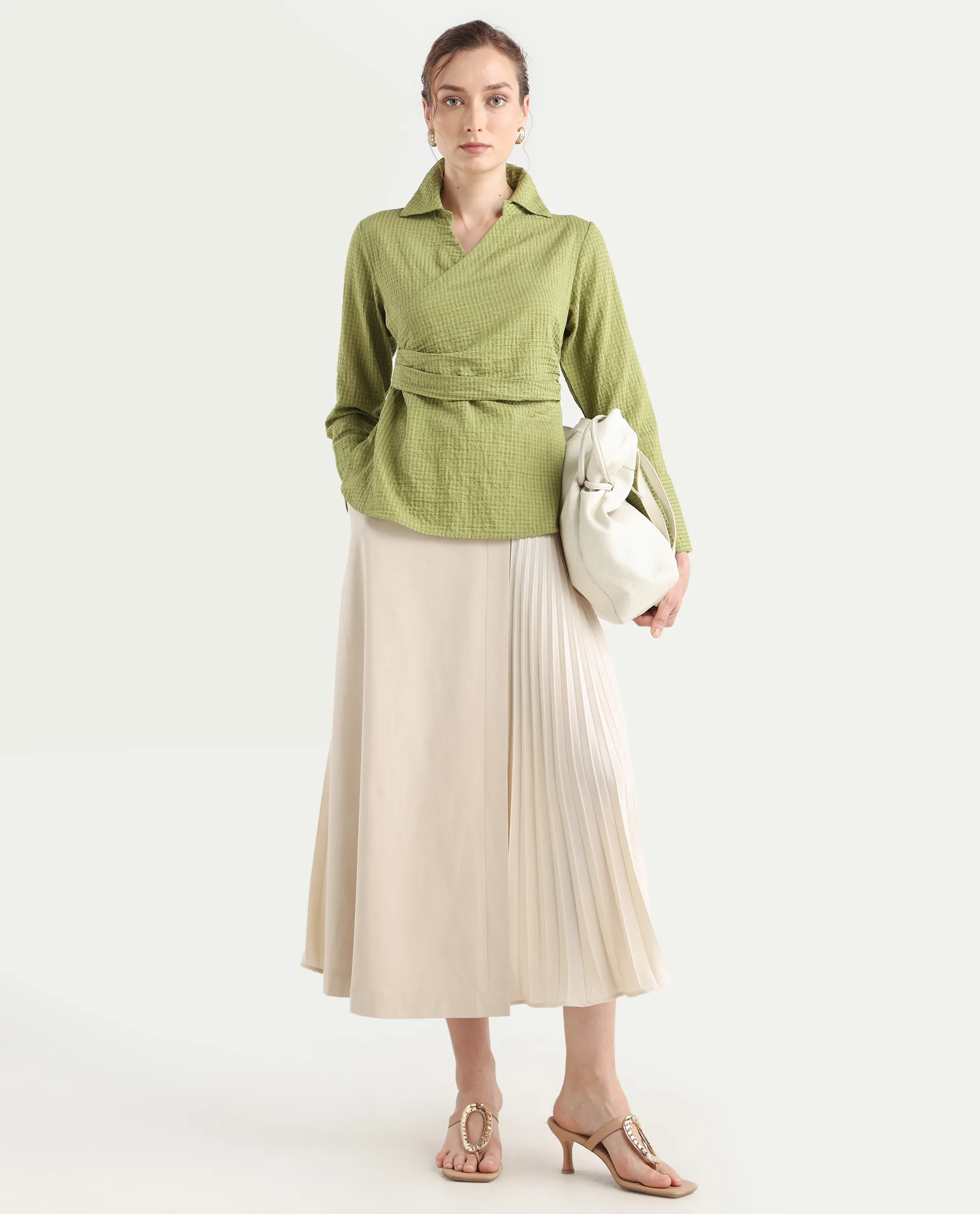 Rareism Women's Duna Olive Polyester Spread Collar Plain Cuffed Sleeve Regular Fit Top - Image 2