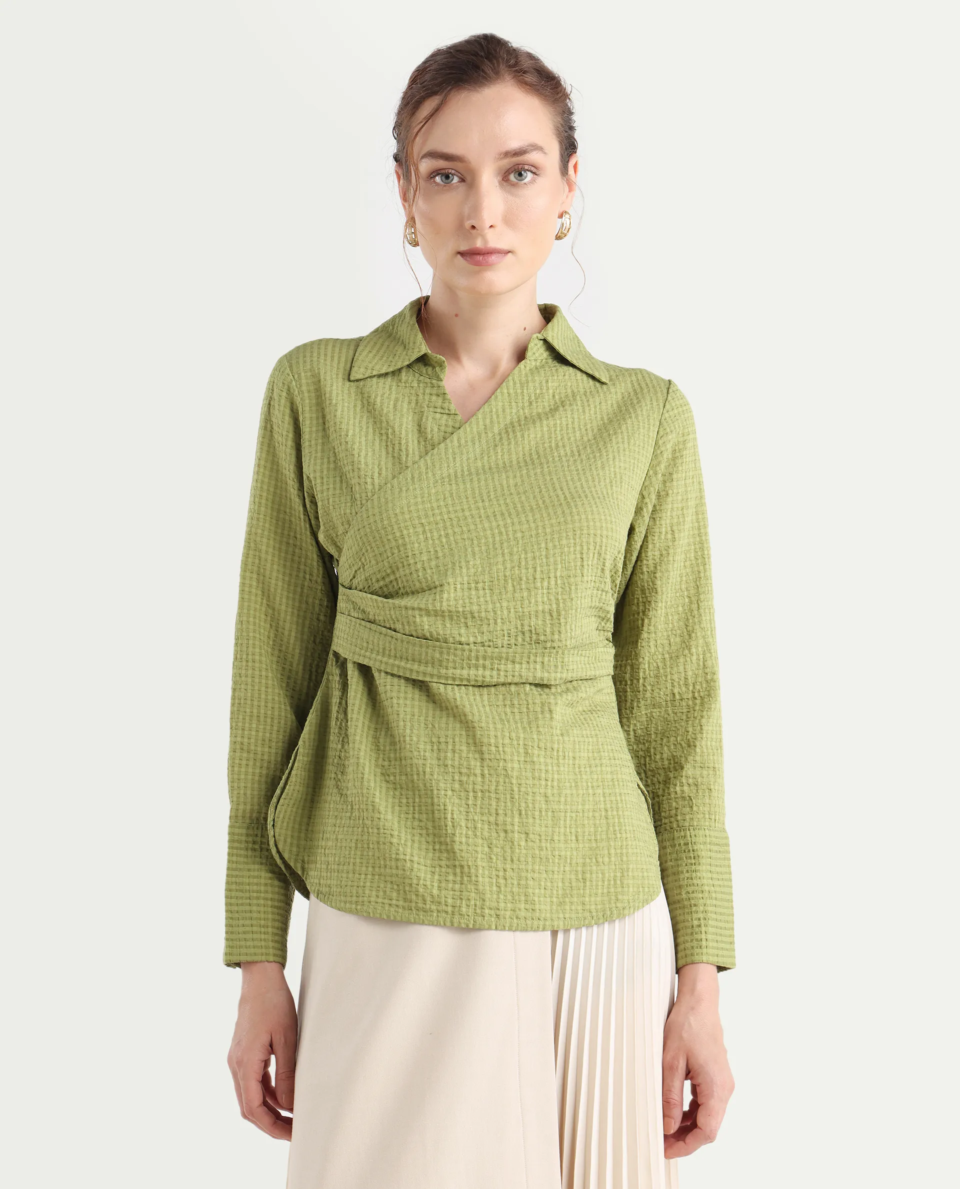 Rareism Women's Duna Olive Polyester Spread Collar Plain Cuffed Sleeve Regular Fit Top - Image 3