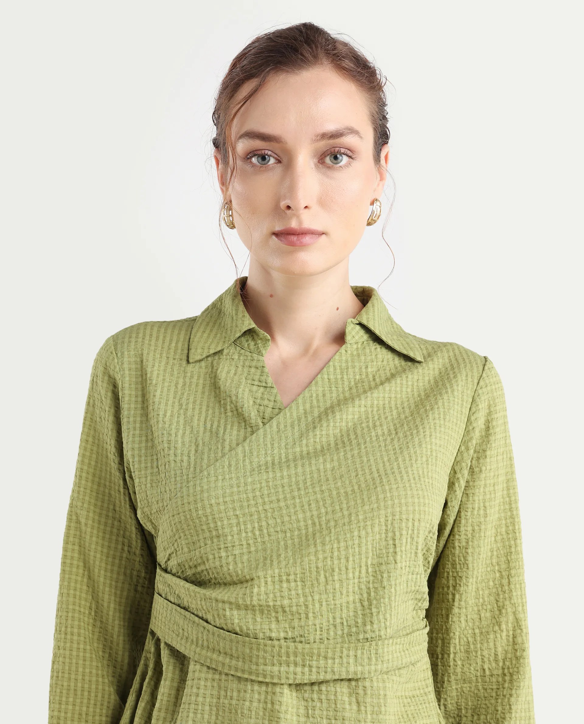 Rareism Women's Duna Olive Polyester Spread Collar Plain Cuffed Sleeve Regular Fit Top - Image 4