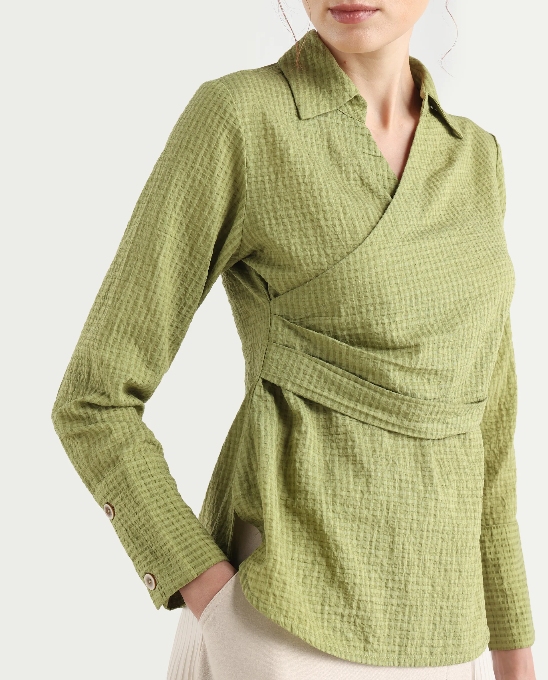 Rareism Women's Duna Olive Polyester Spread Collar Plain Cuffed Sleeve Regular Fit Top - Image 5