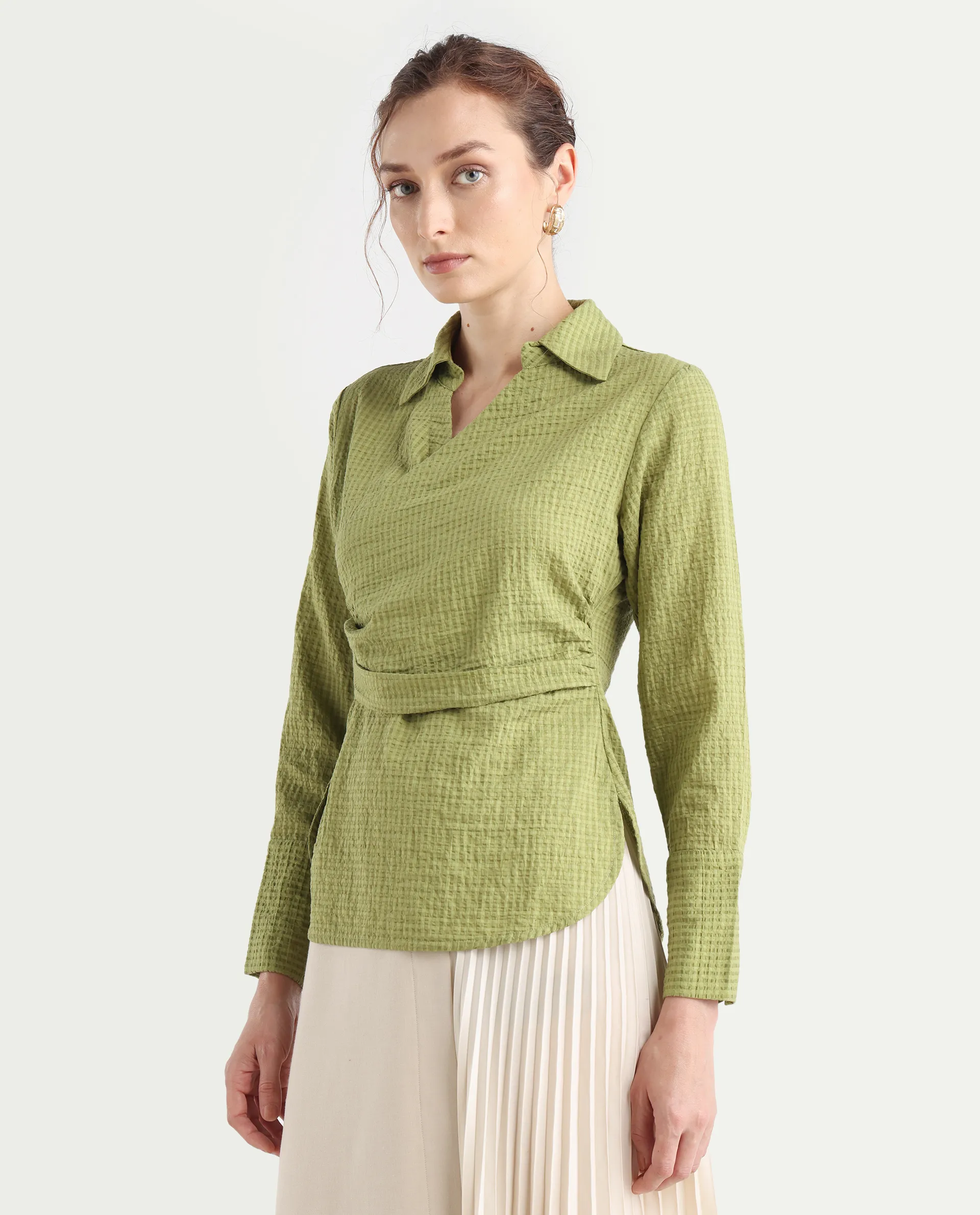 Rareism Women's Duna Olive Polyester Spread Collar Plain Cuffed Sleeve Regular Fit Top - Image 6