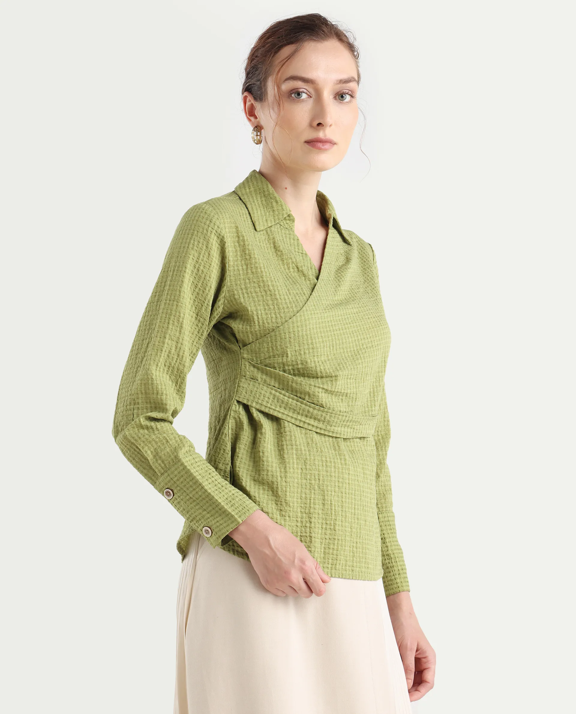 Rareism Women's Duna Olive Polyester Spread Collar Plain Cuffed Sleeve Regular Fit Top - Image 7