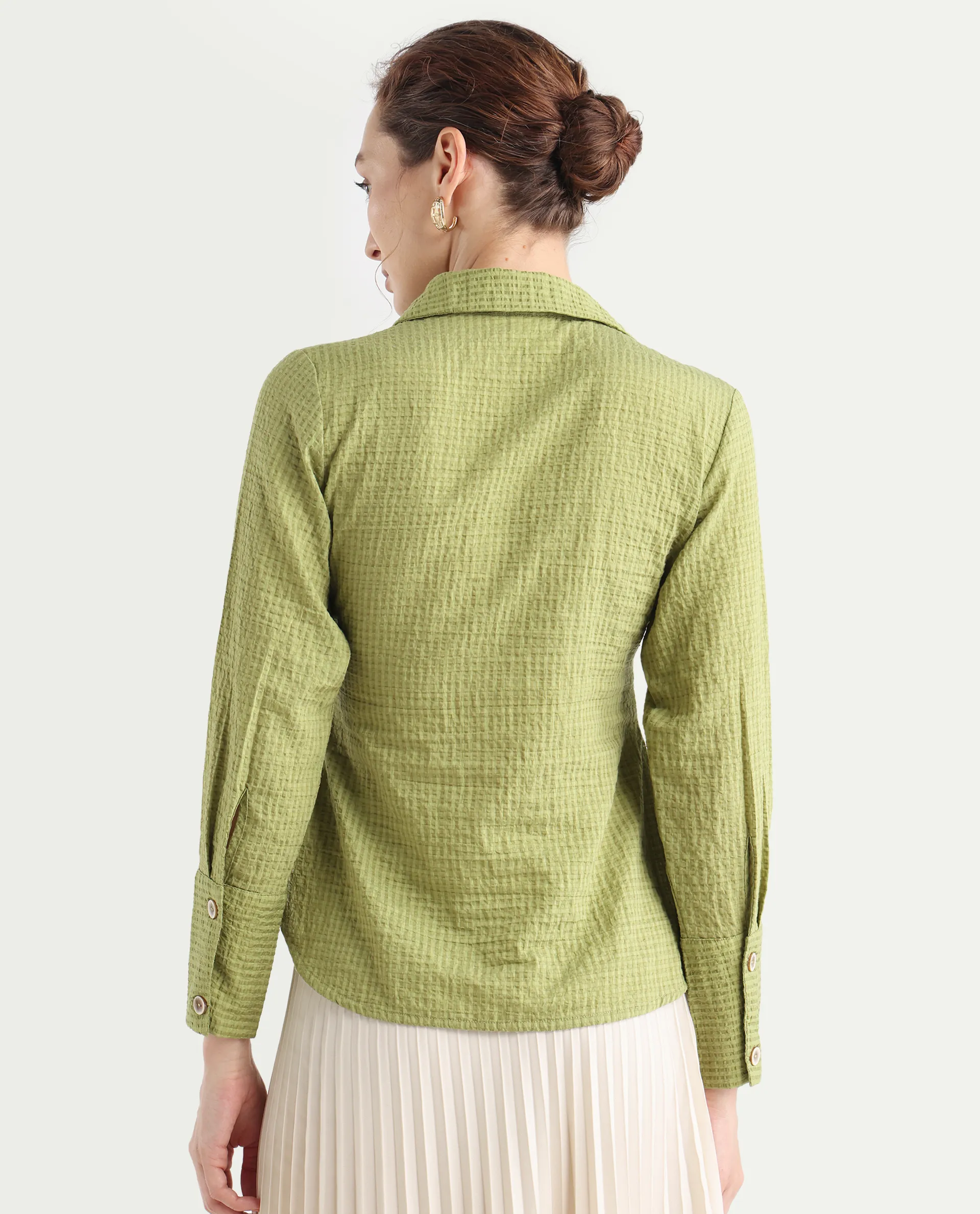 Rareism Women's Duna Olive Polyester Spread Collar Plain Cuffed Sleeve Regular Fit Top - Image 8