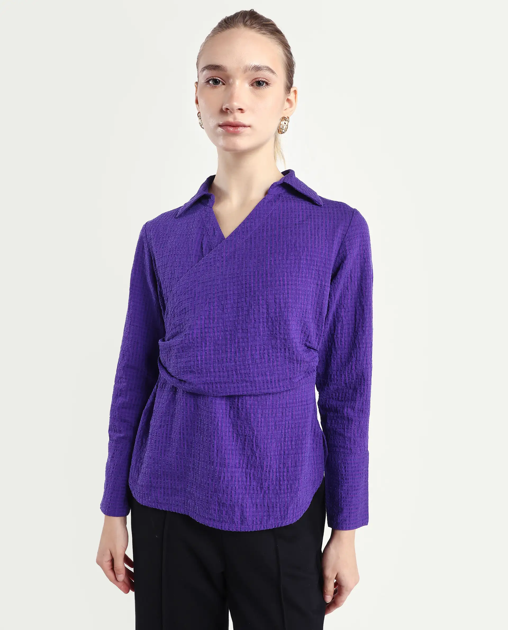 Rareism Women's Duna Purple Polyester Johnny Collar Plain Cuffed Sleeve Regular Fit Top - Image 3