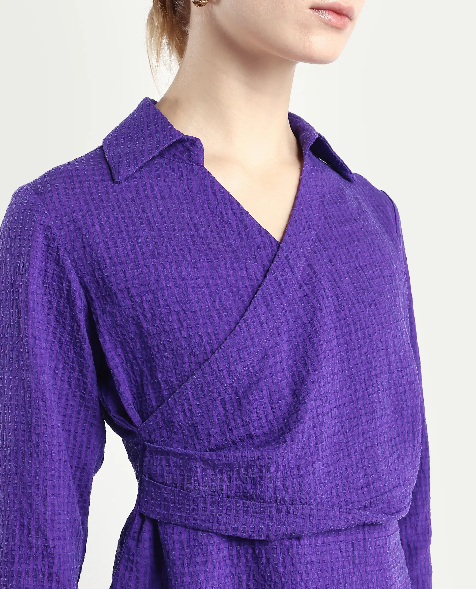 Rareism Women's Duna Purple Polyester Johnny Collar Plain Cuffed Sleeve Regular Fit Top - Image 4