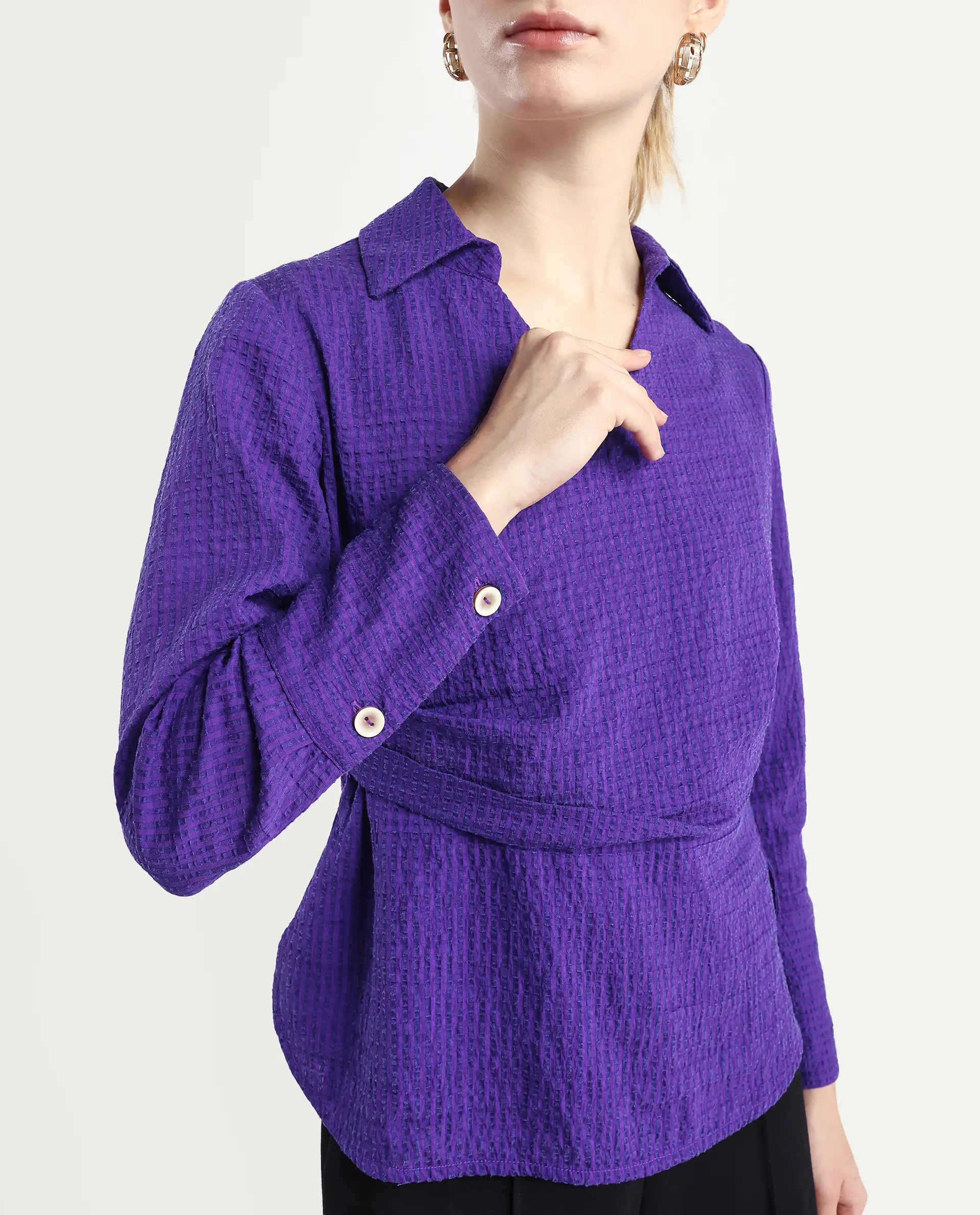 Rareism Women's Duna Purple Polyester Johnny Collar Plain Cuffed Sleeve Regular Fit Top - Image 5