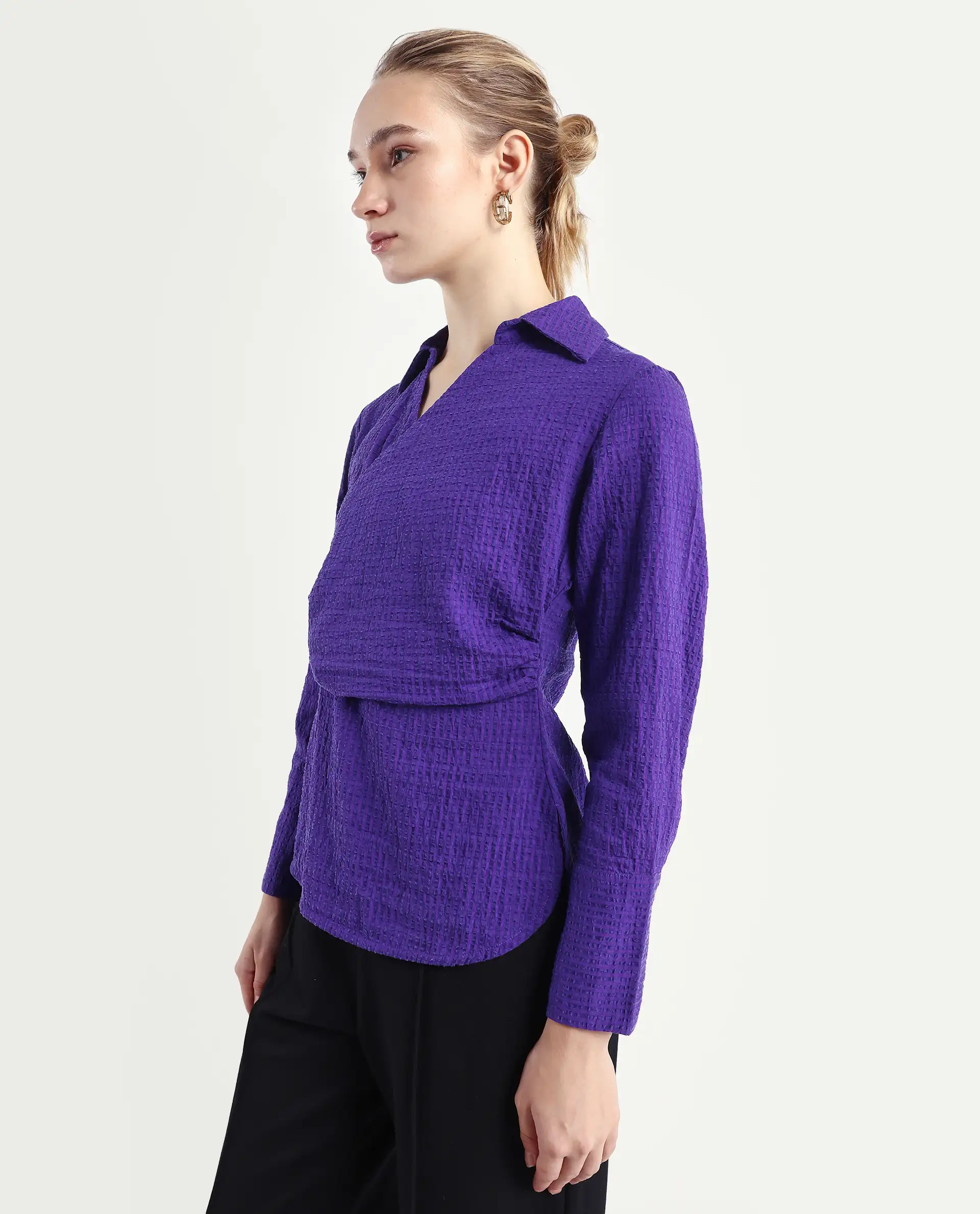Rareism Women's Duna Purple Polyester Johnny Collar Plain Cuffed Sleeve Regular Fit Top - Image 6