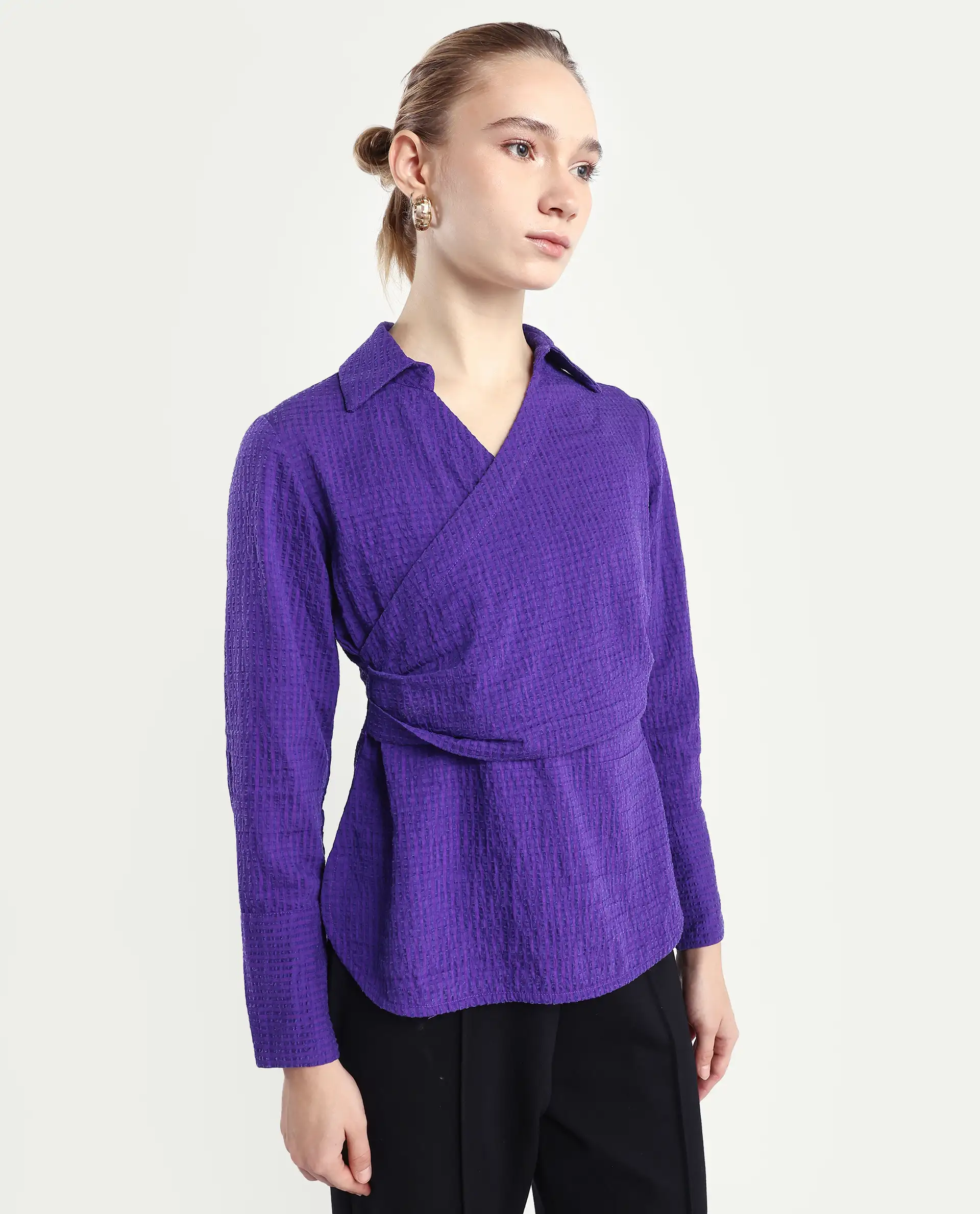 Rareism Women's Duna Purple Polyester Johnny Collar Plain Cuffed Sleeve Regular Fit Top - Image 7