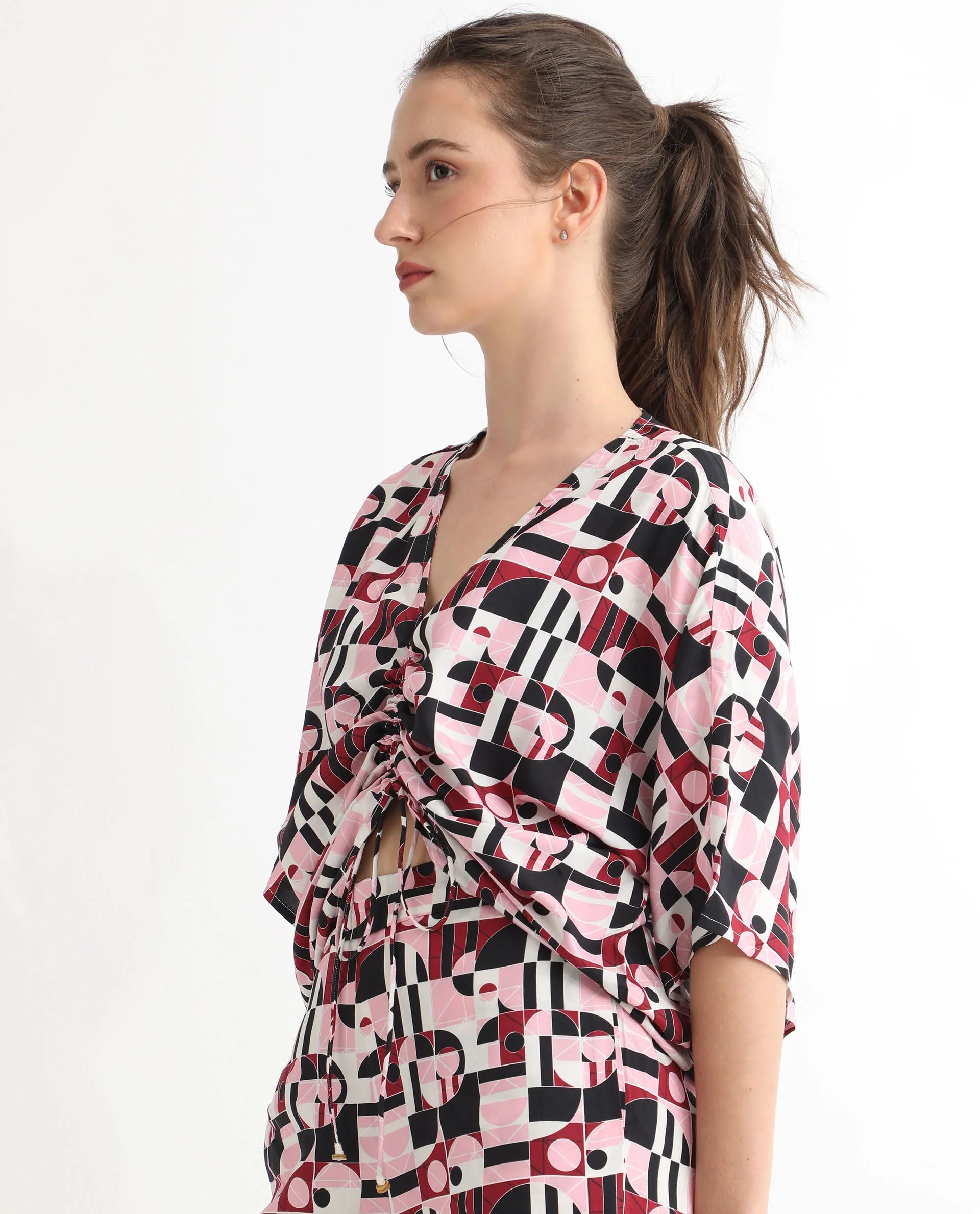 Rareism Women's Duncan Multi Viscose V-Neck Geometric Print Extended Sleeves Regular Fit Top - Image 10