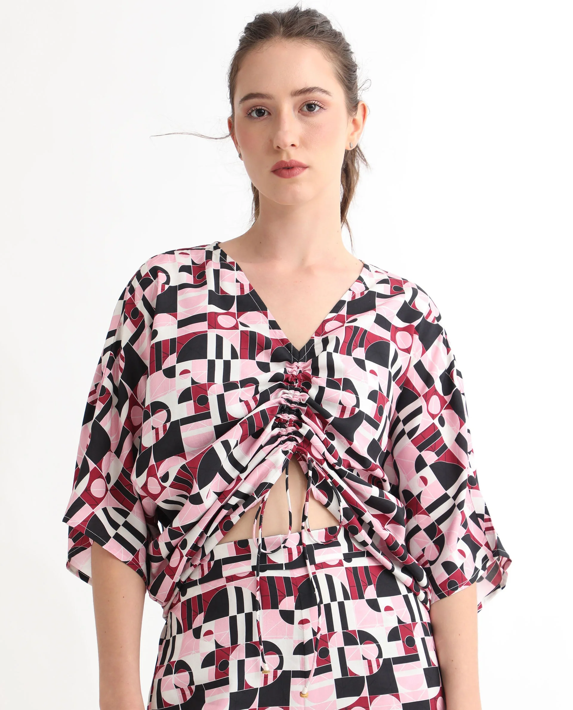 Rareism Women's Duncan Multi Viscose V-Neck Geometric Print Extended Sleeves Regular Fit Top - Image 3