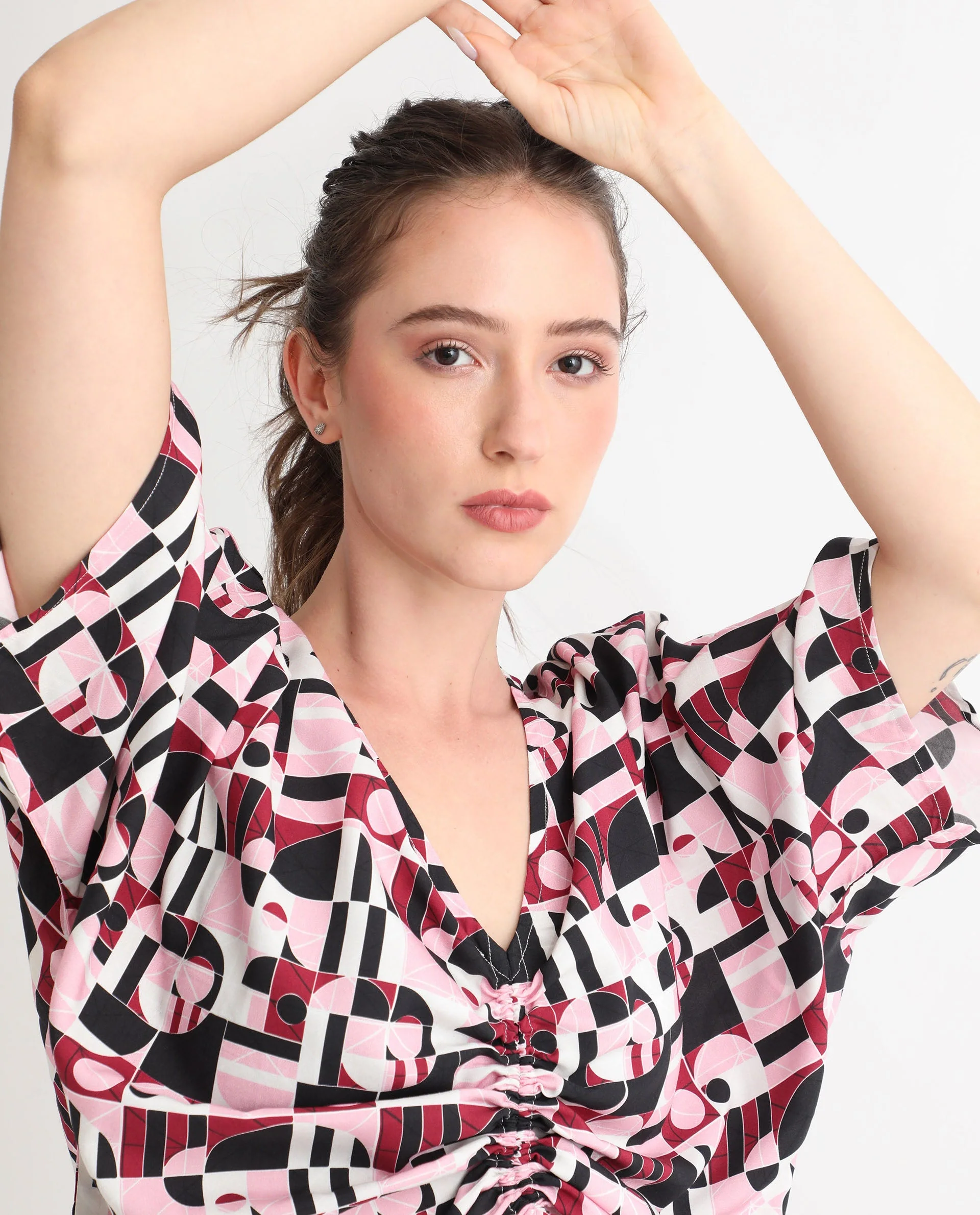 Rareism Women's Duncan Multi Viscose V-Neck Geometric Print Extended Sleeves Regular Fit Top - Image 4