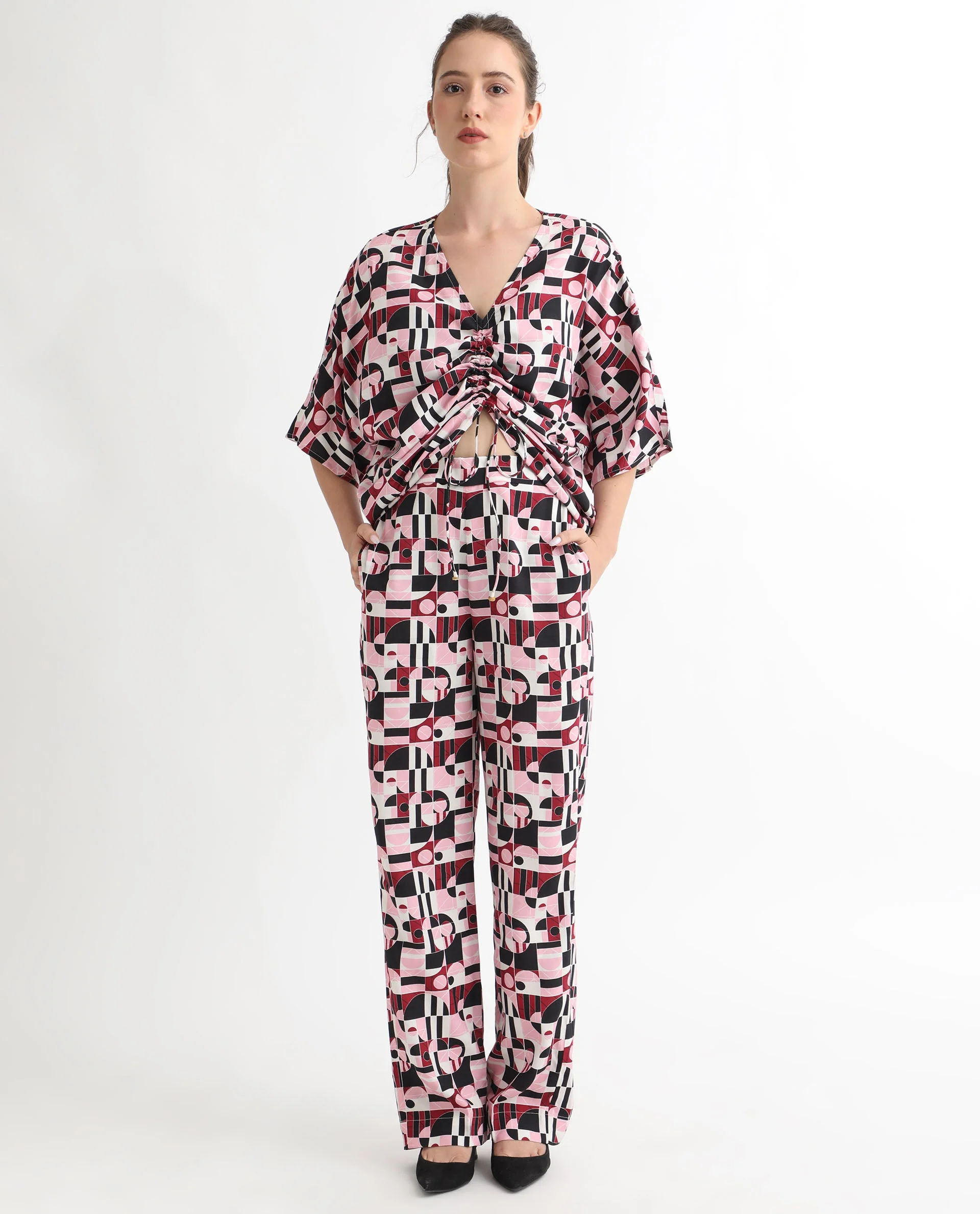 Rareism Women's Duncan Multi Viscose V-Neck Geometric Print Extended Sleeves Regular Fit Top - Image 5