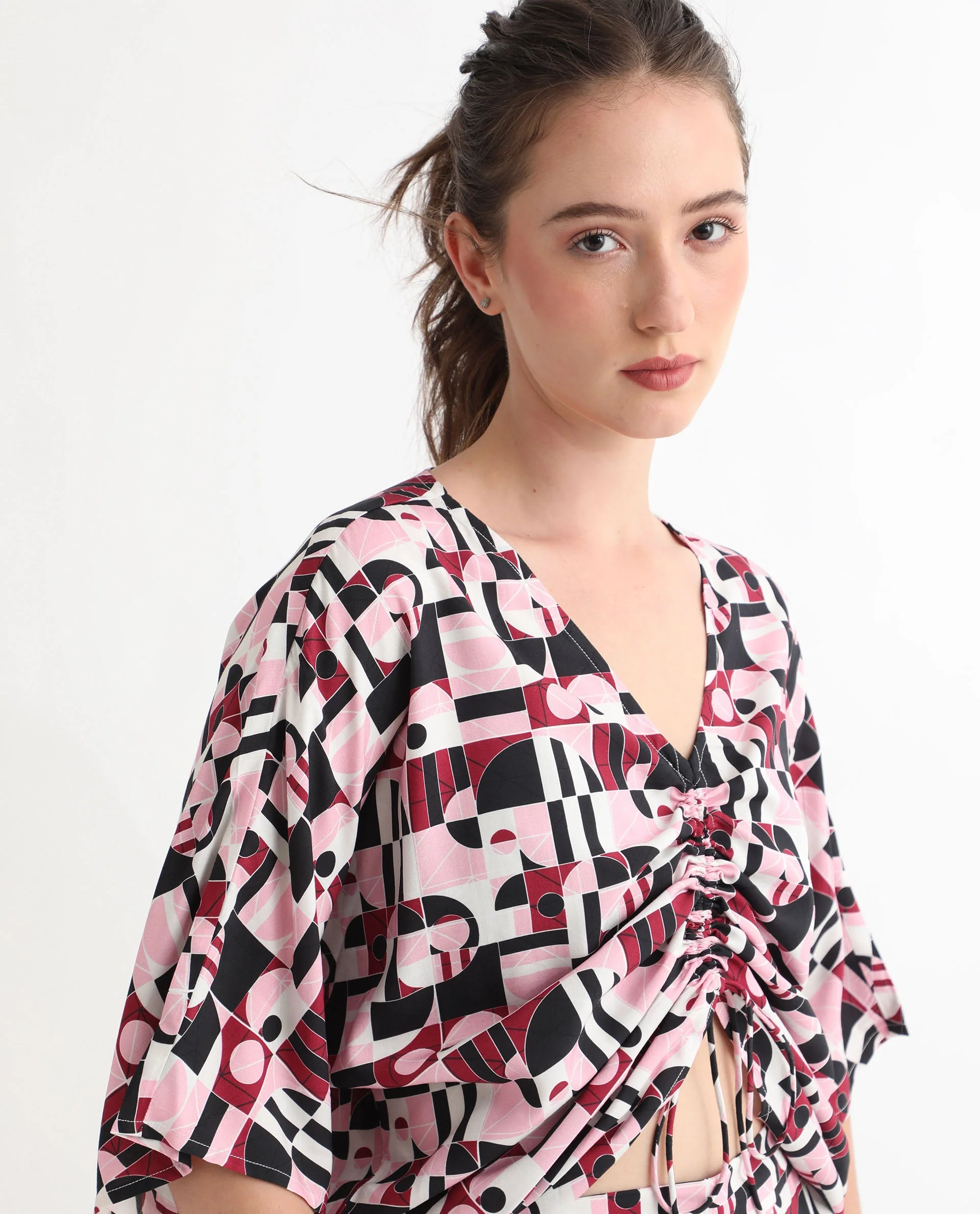 Rareism Women's Duncan Multi Viscose V-Neck Geometric Print Extended Sleeves Regular Fit Top - Image 6