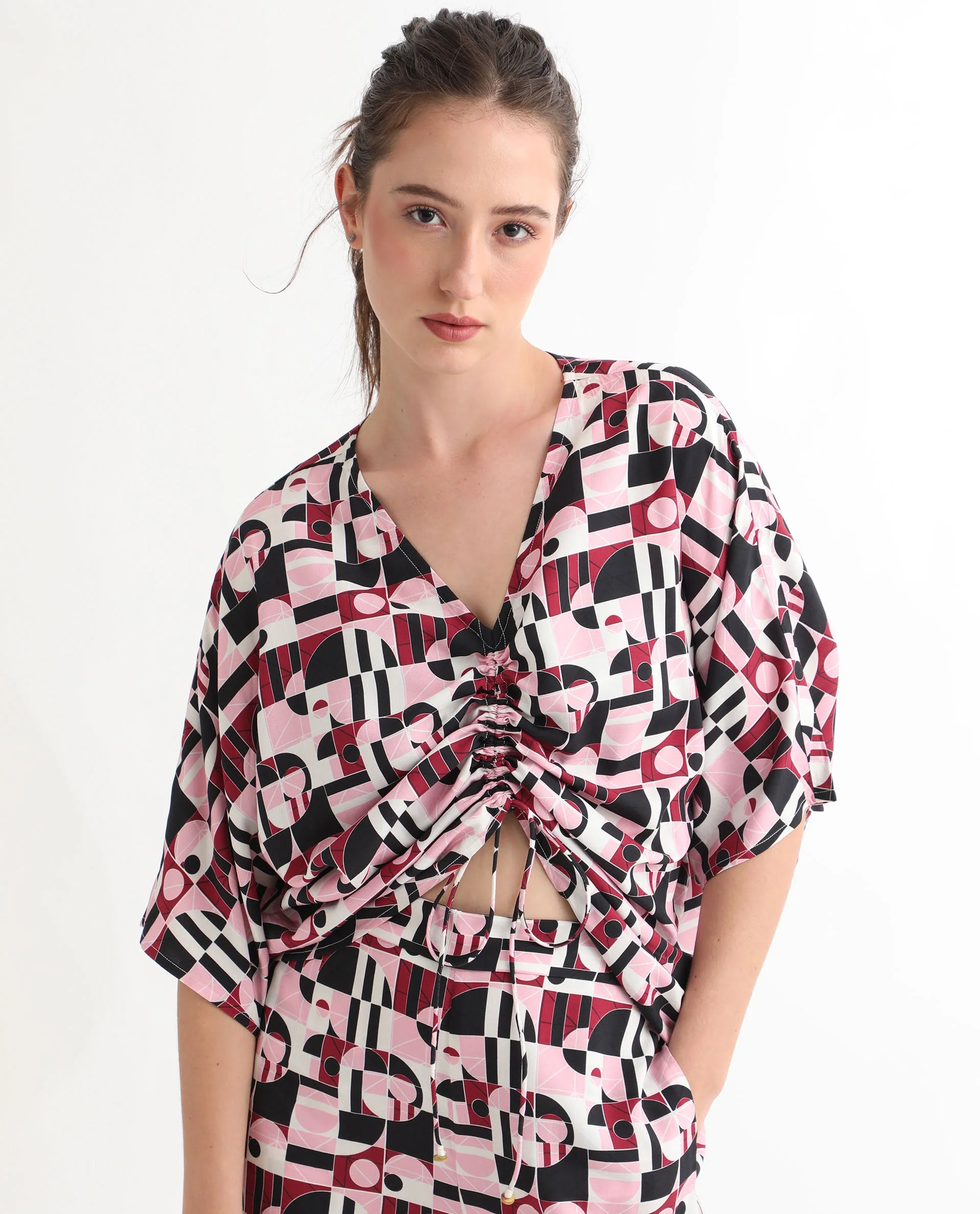 Rareism Women's Duncan Multi Viscose V-Neck Geometric Print Extended Sleeves Regular Fit Top - Image 7