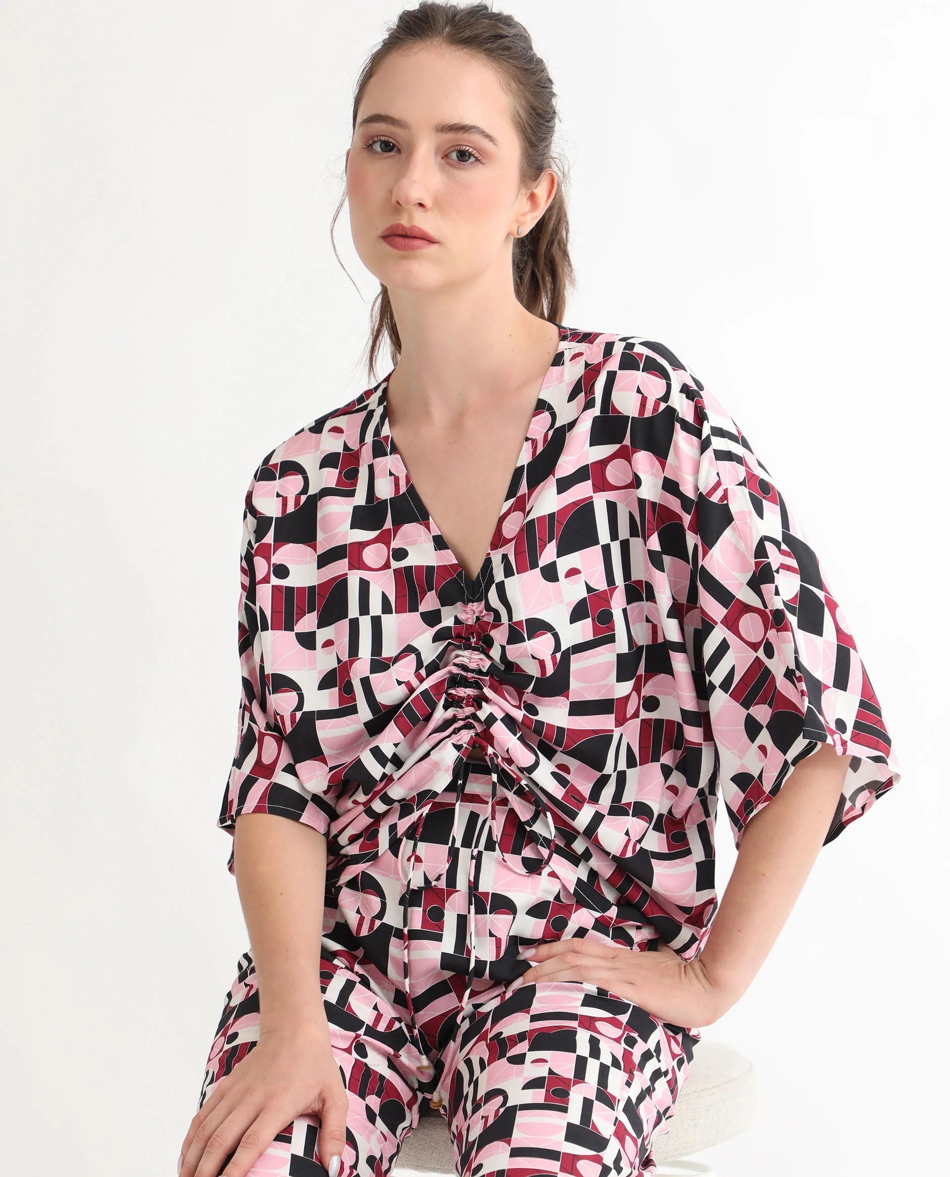 Rareism Women's Duncan Multi Viscose V-Neck Geometric Print Extended Sleeves Regular Fit Top - Image 8