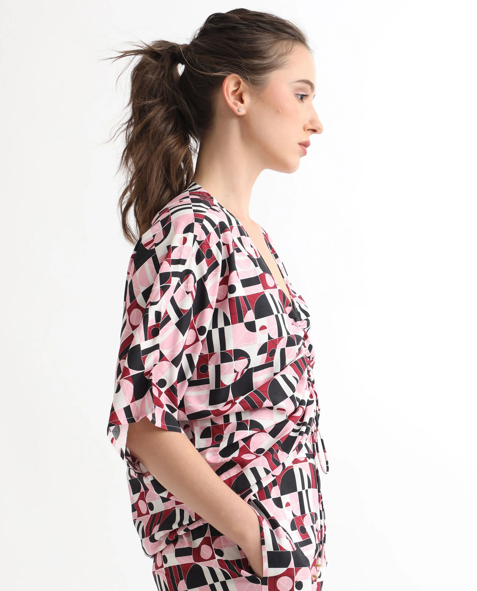 Rareism Women's Duncan Multi Viscose V-Neck Geometric Print Extended Sleeves Regular Fit Top - Image 9