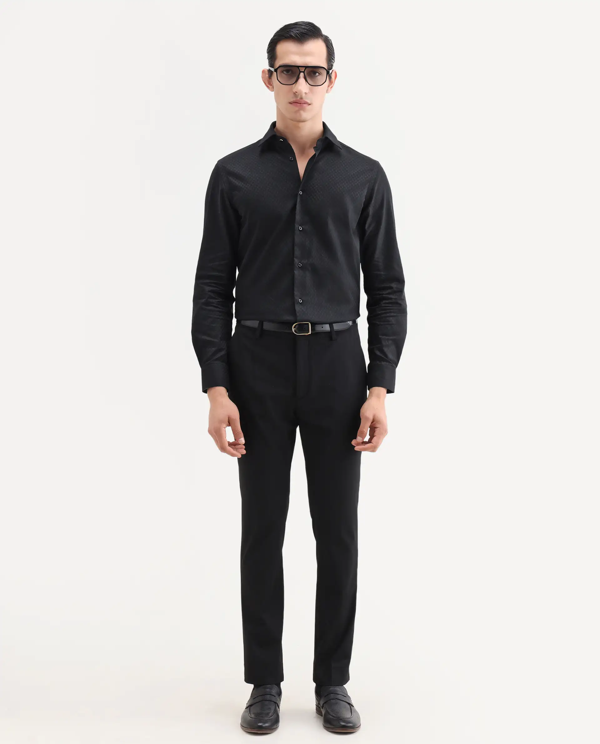 Rare Rabbit Men's Dunde Black Cotton Full Sleeve Spread Collar Regular Fit Jacquard Shirt - Image 2
