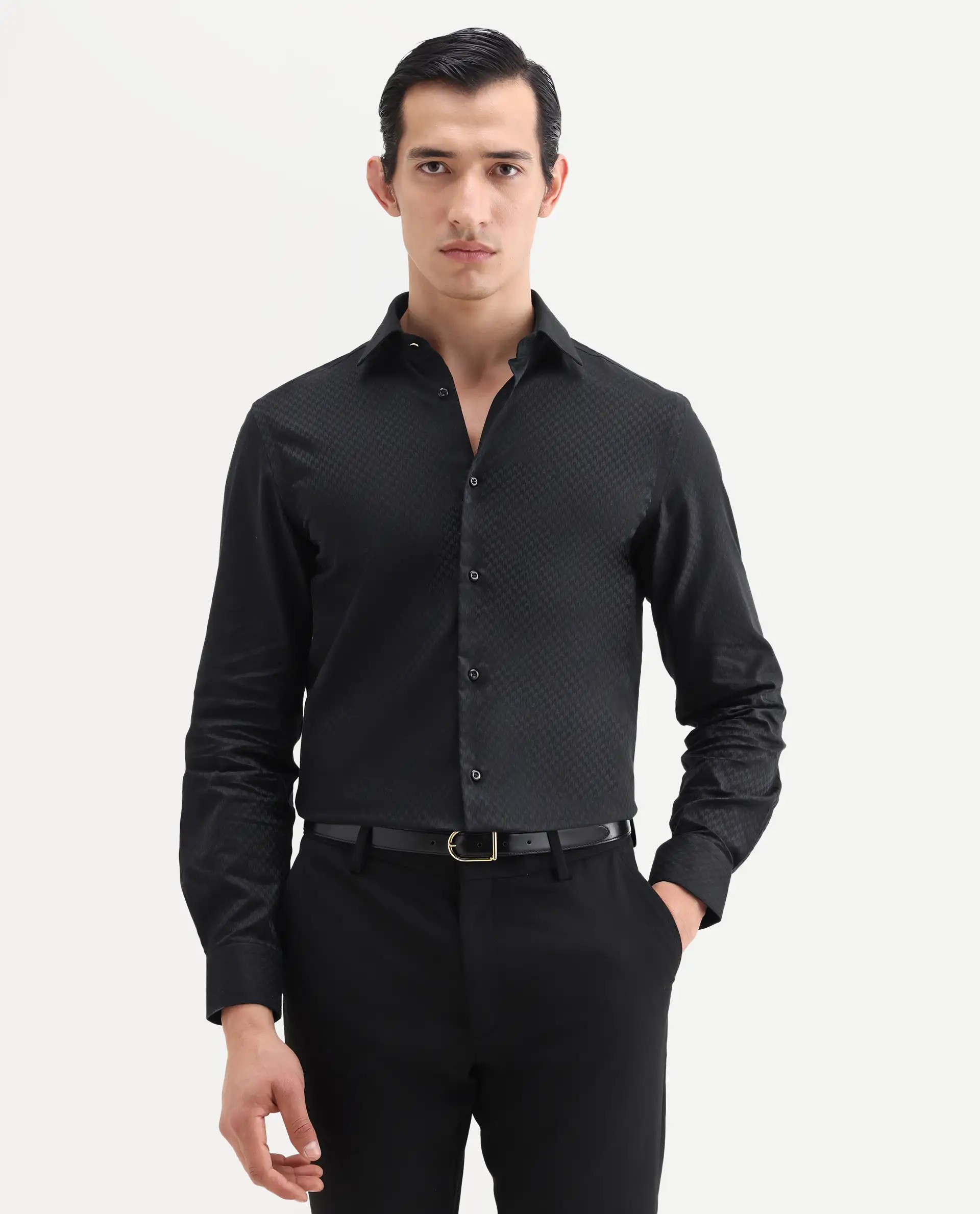 Rare Rabbit Men's Dunde Black Cotton Full Sleeve Spread Collar Regular Fit Jacquard Shirt - Image 4