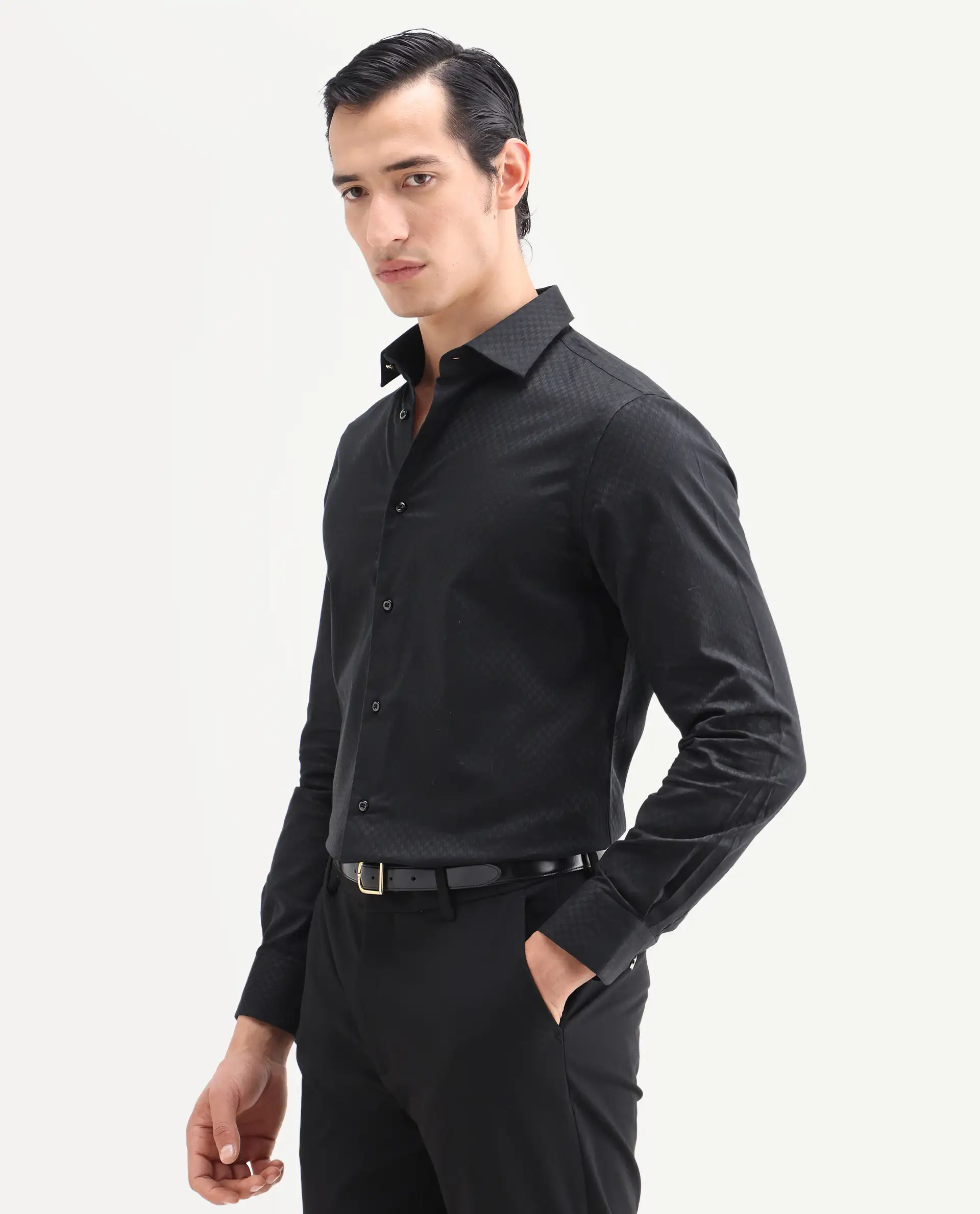 Rare Rabbit Men's Dunde Black Cotton Full Sleeve Spread Collar Regular Fit Jacquard Shirt - Image 5