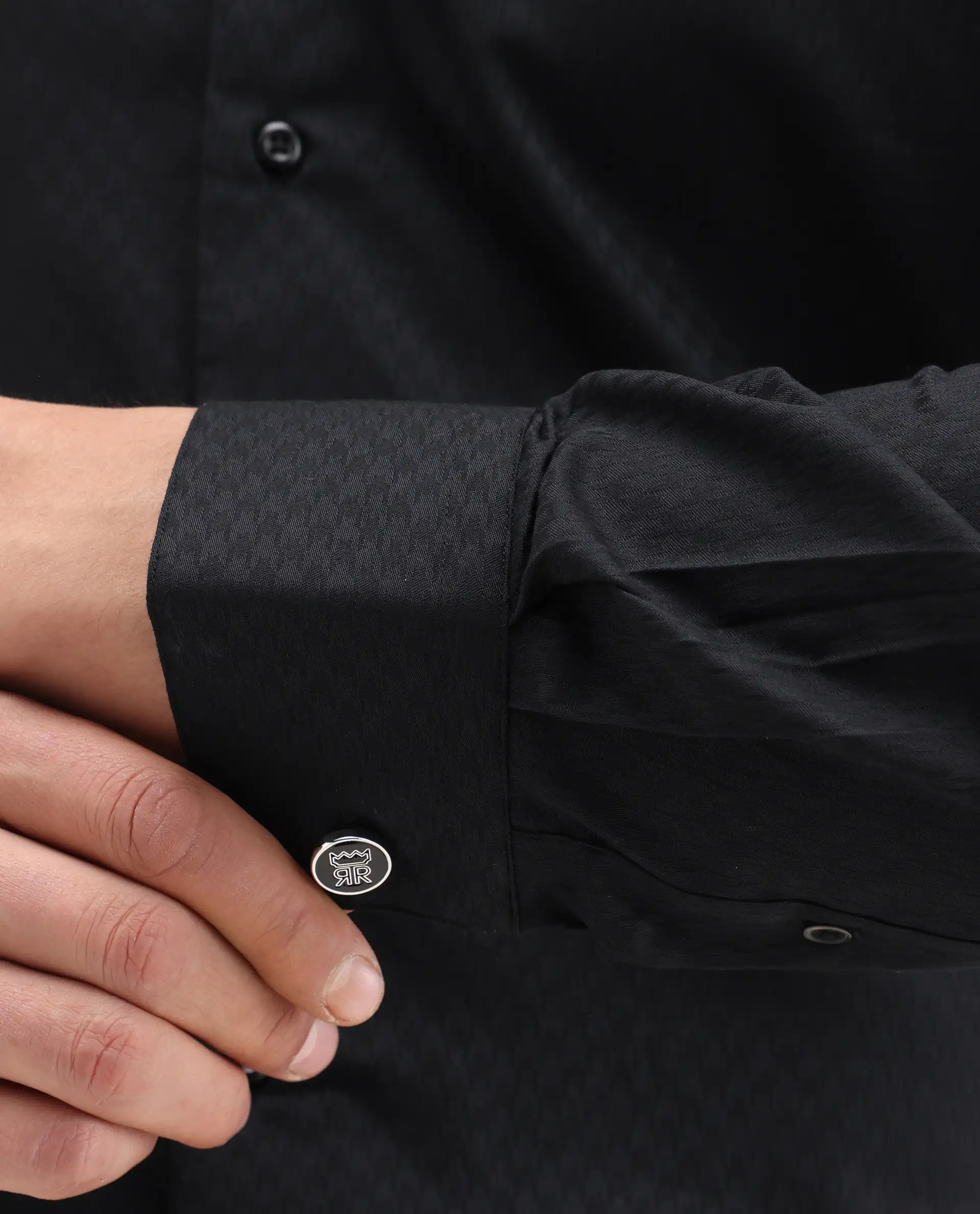 Rare Rabbit Men's Dunde Black Cotton Full Sleeve Spread Collar Regular Fit Jacquard Shirt - Image 6