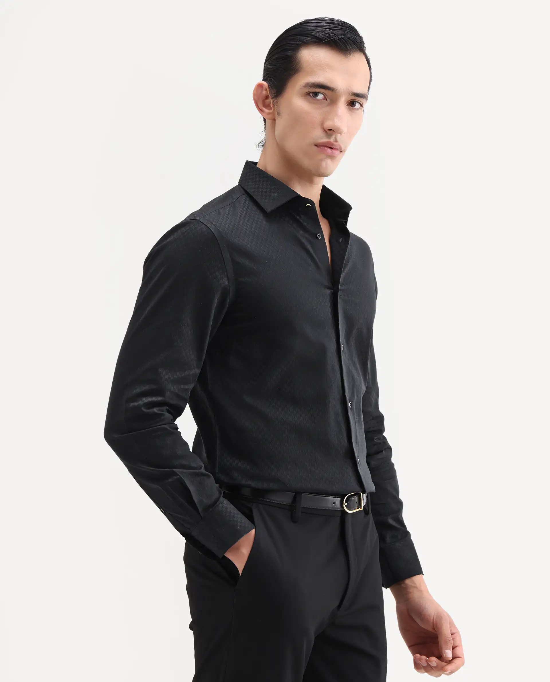 Rare Rabbit Men's Dunde Black Cotton Full Sleeve Spread Collar Regular Fit Jacquard Shirt - Image 7