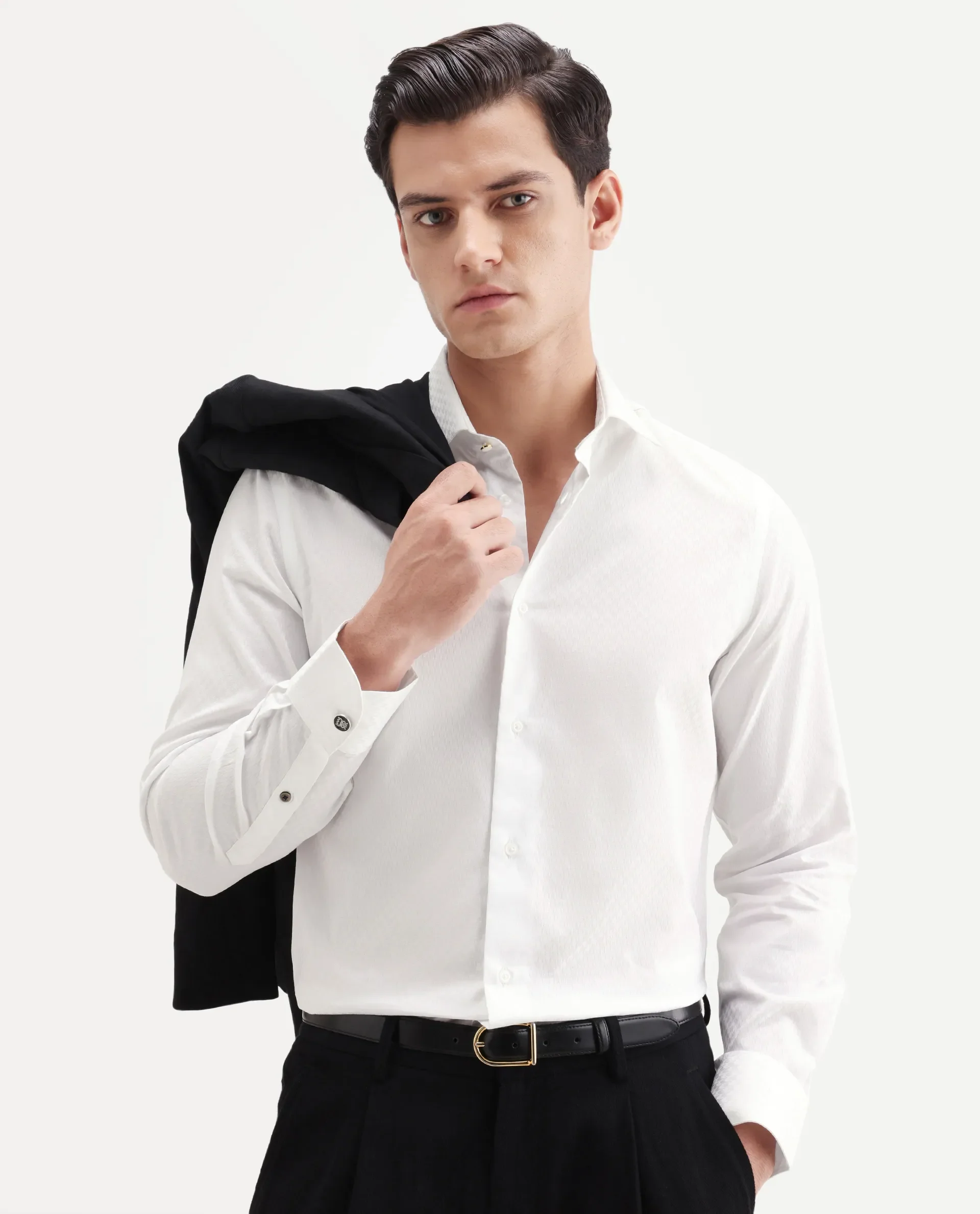 Rare Rabbit Men's Dunde White Cotton Full Sleeve Spread Collar Regular Fit Plain Shirt