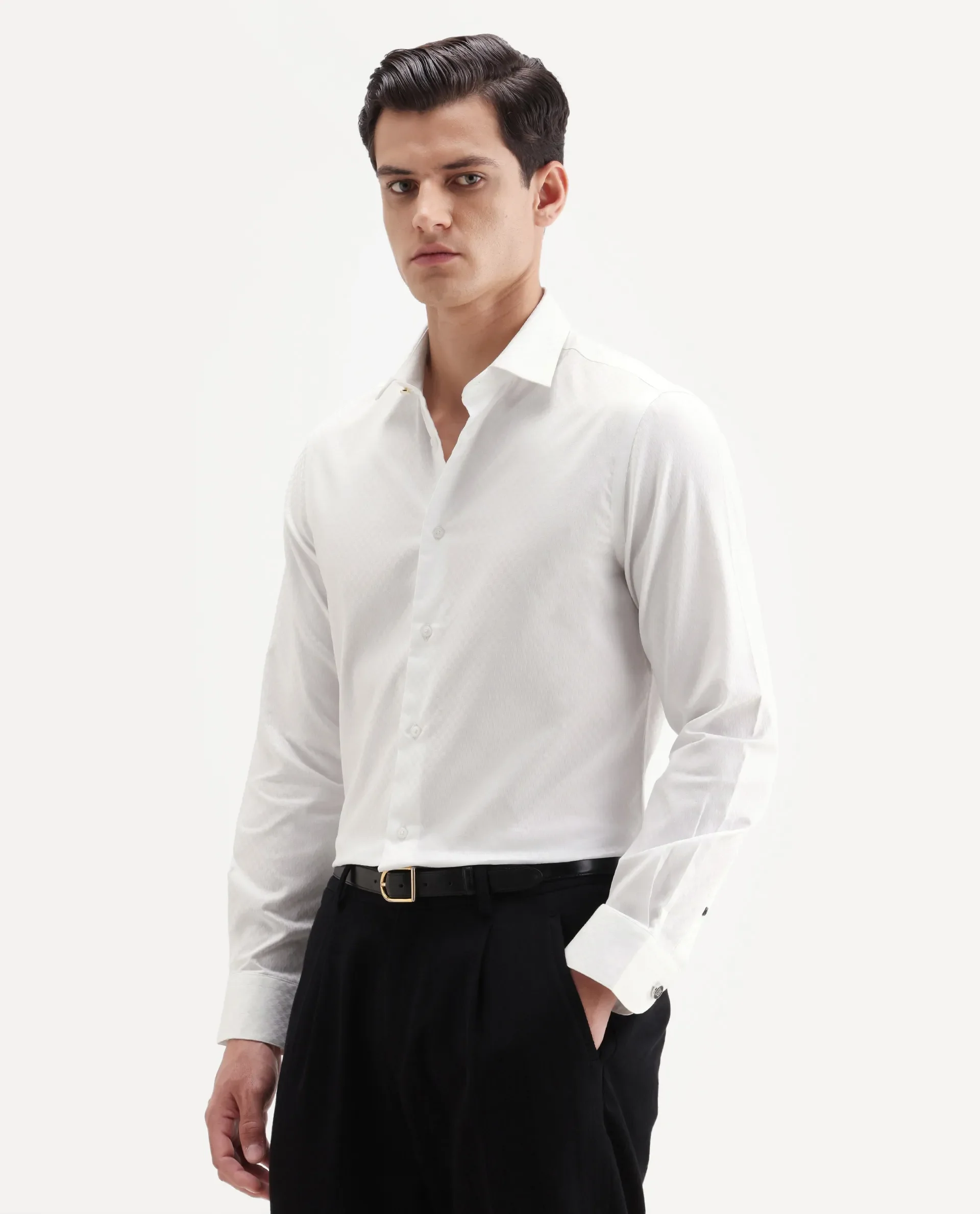Rare Rabbit Men's Dunde White Cotton Full Sleeve Spread Collar Regular Fit Plain Shirt - Image 5