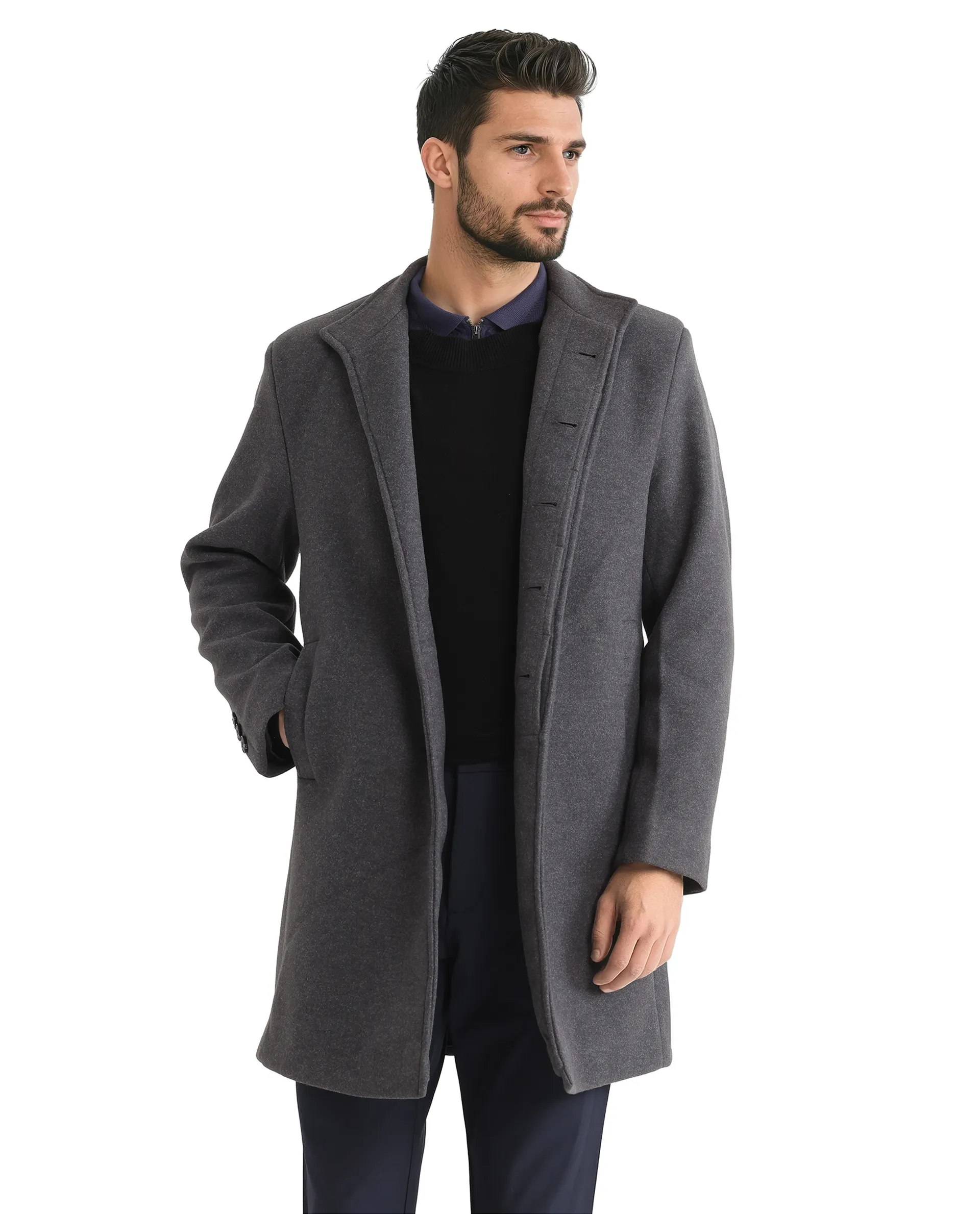 Rare Rabbit Men's Dune-2 Grey Polyester Plain Relaxed Fit Full Sleeve High Neck Coat - Image 2
