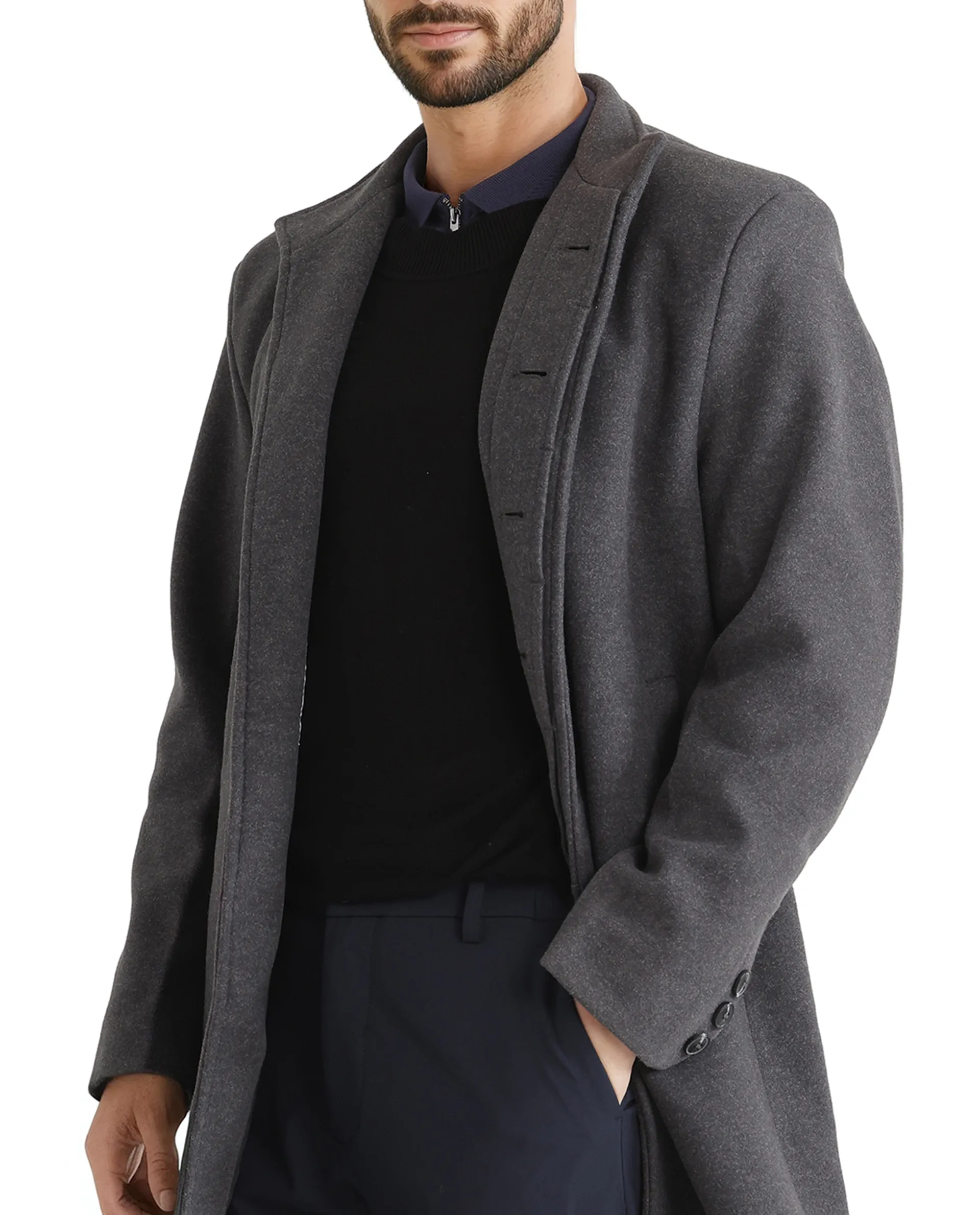Rare Rabbit Men's Dune-2 Grey Polyester Plain Relaxed Fit Full Sleeve High Neck Coat - Image 3
