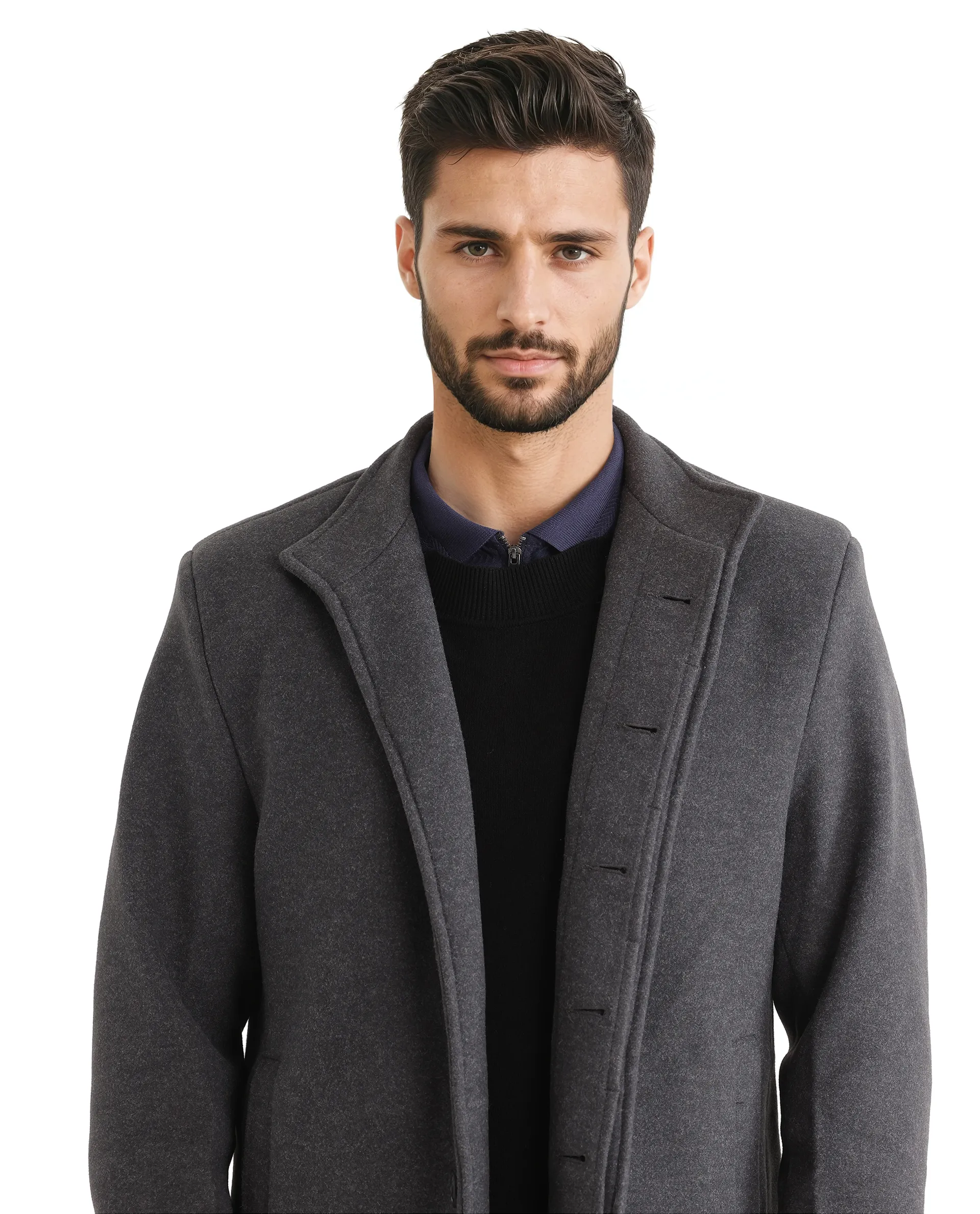 Rare Rabbit Men's Dune-2 Grey Polyester Plain Relaxed Fit Full Sleeve High Neck Coat - Image 4