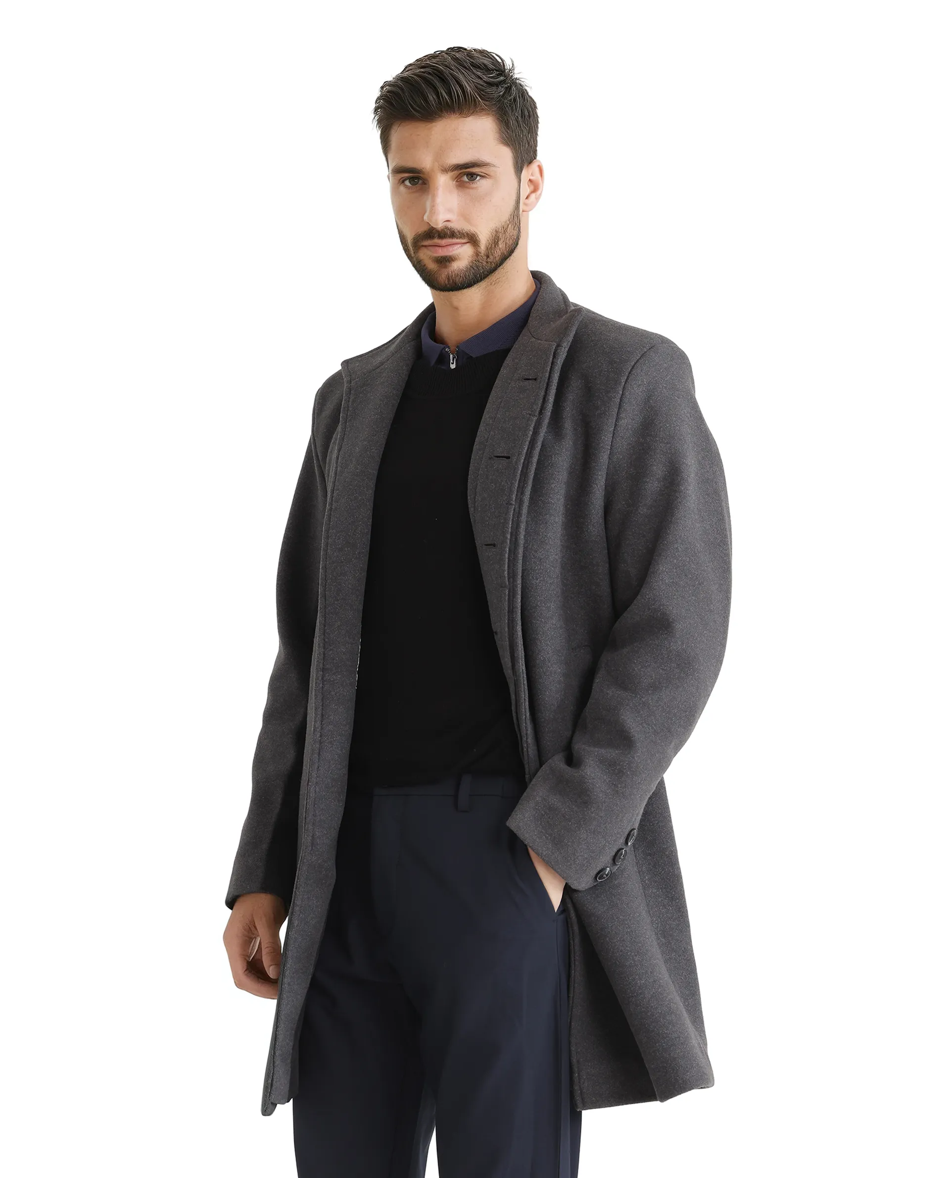 Rare Rabbit Men's Dune-2 Grey Polyester Plain Relaxed Fit Full Sleeve High Neck Coat - Image 6